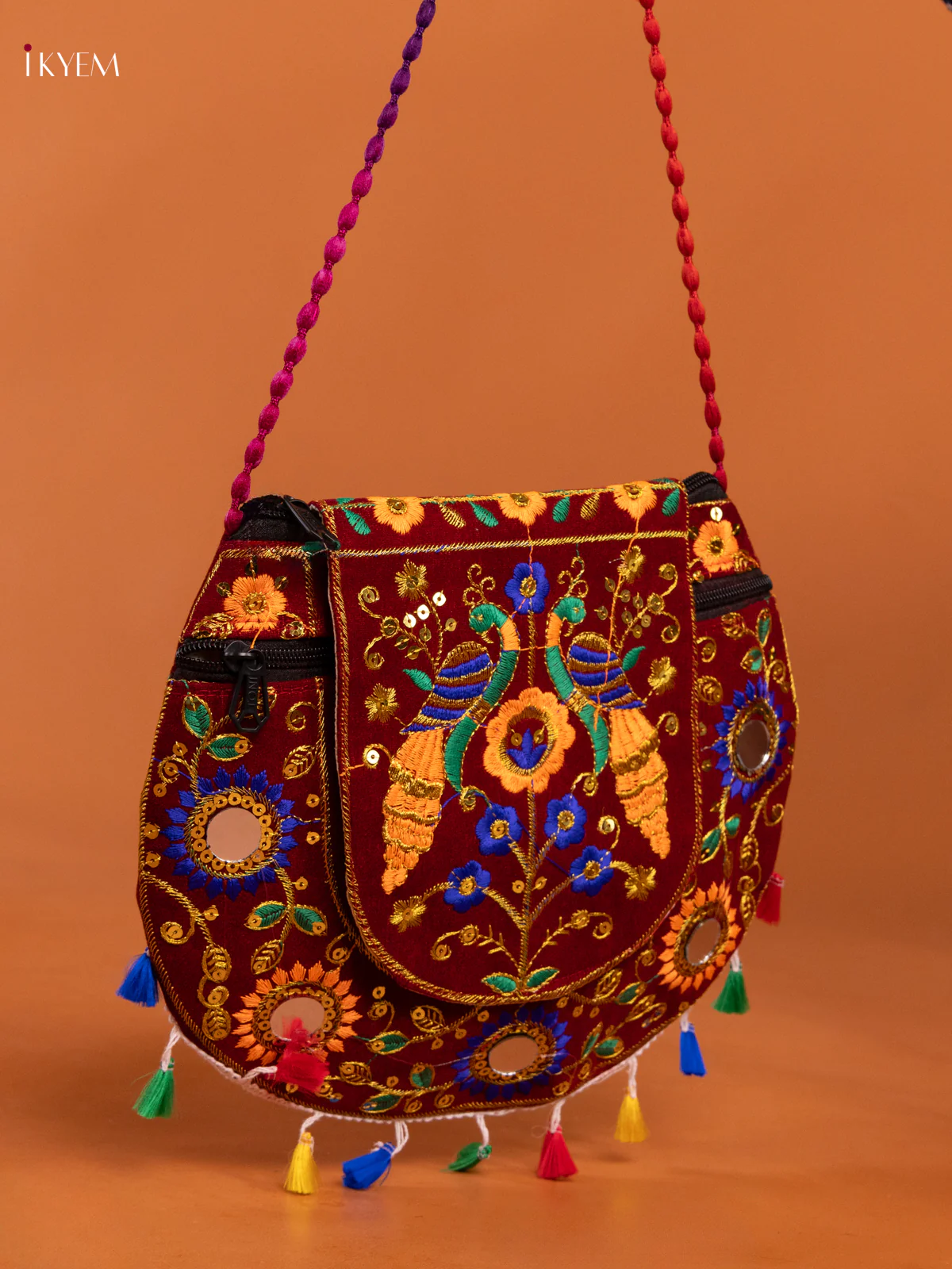 Embroidery Rajasthani Ethnic Peacock Design Sling Bag - Maroon - KD26417 - Image 2