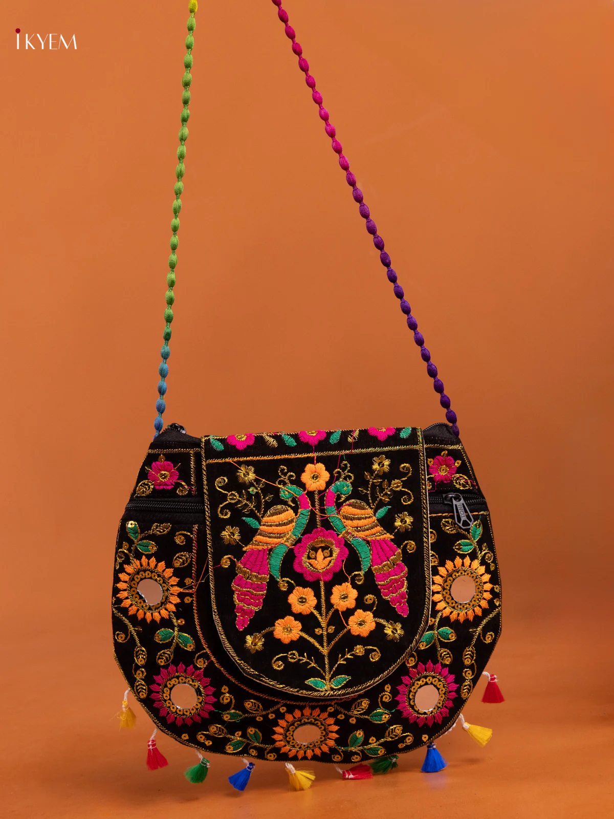 Embroidery Rajasthani Ethnic Peacock Design Sling Bag - Black - KD26421