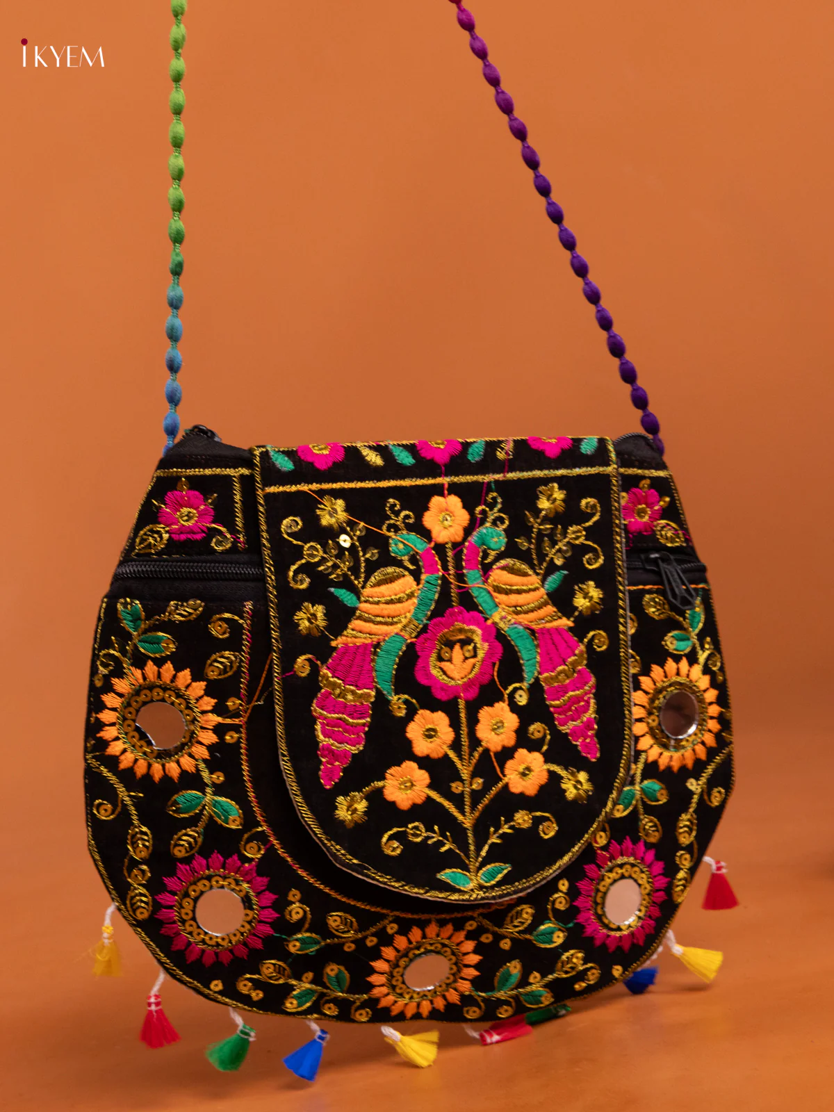 Embroidery Rajasthani Ethnic Peacock Design Sling Bag - Black - KD26421 - Image 2