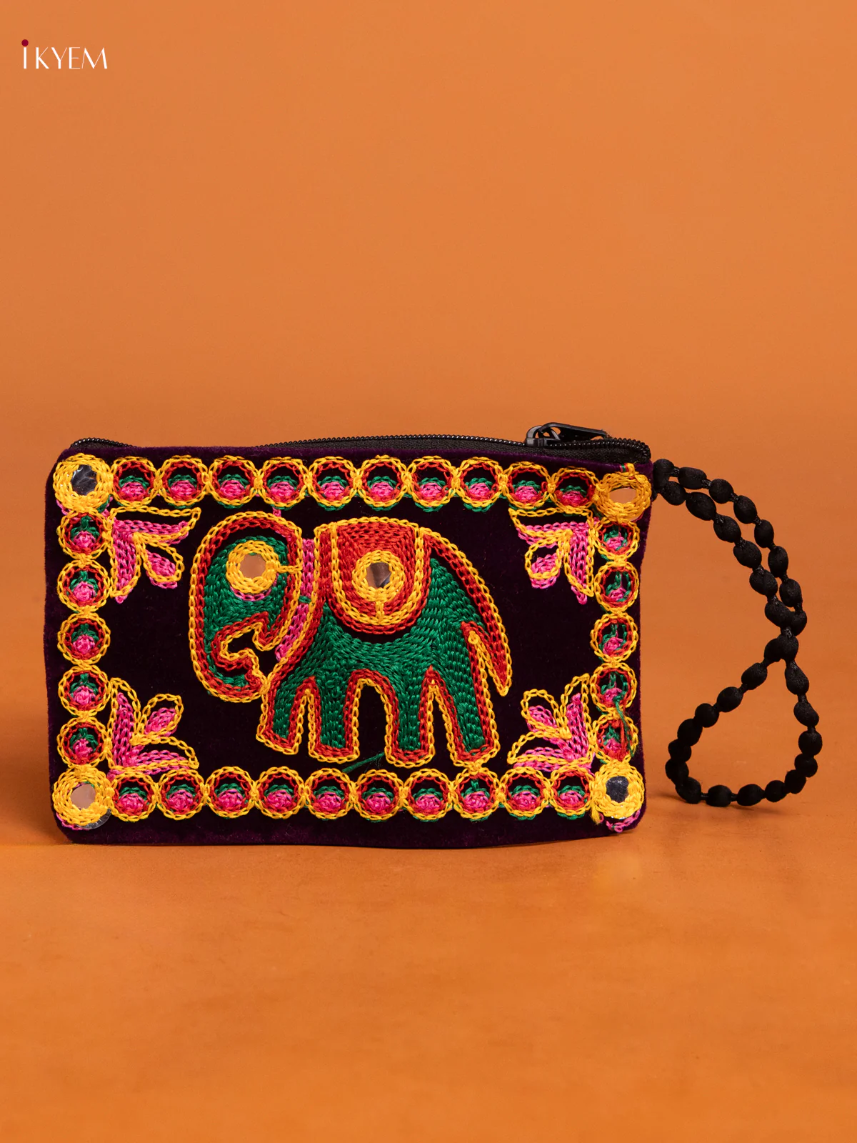 Velvet Embroidered Elephant Design Purse - Violet - KD26431