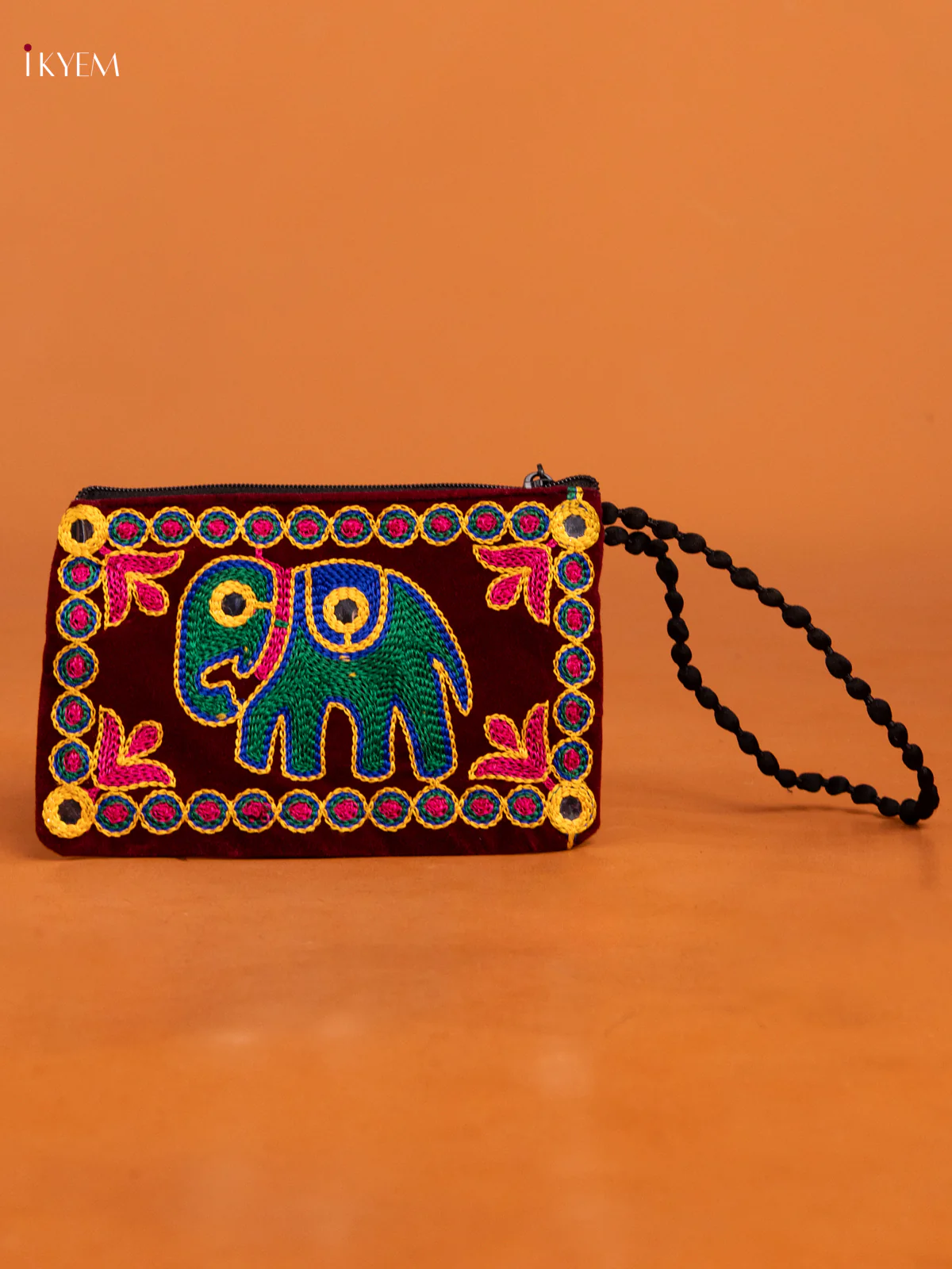 Velvet Embroidered Elephant Design Purse - Brown - KD26432