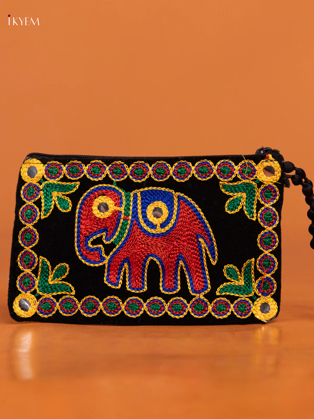 Velvet Embroidered Elephant Design Purse - Black - KD26433