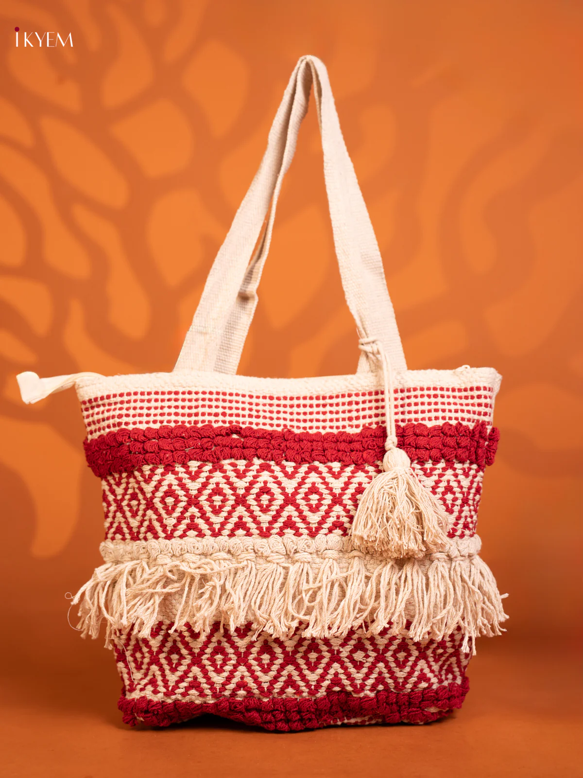 Boho Tote Cloth Bag White With Red - KD26455