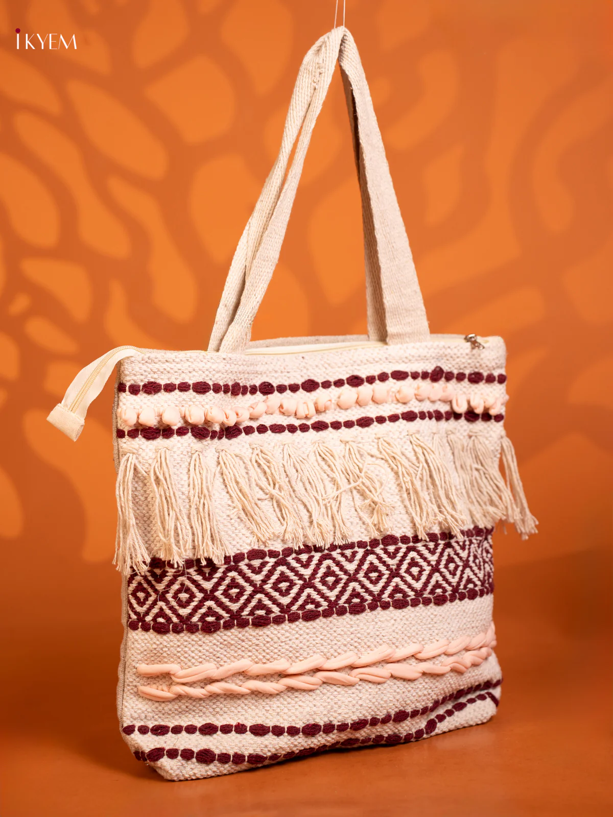 Boho Tote Cloth Bag Pink With Maroon - Image 2