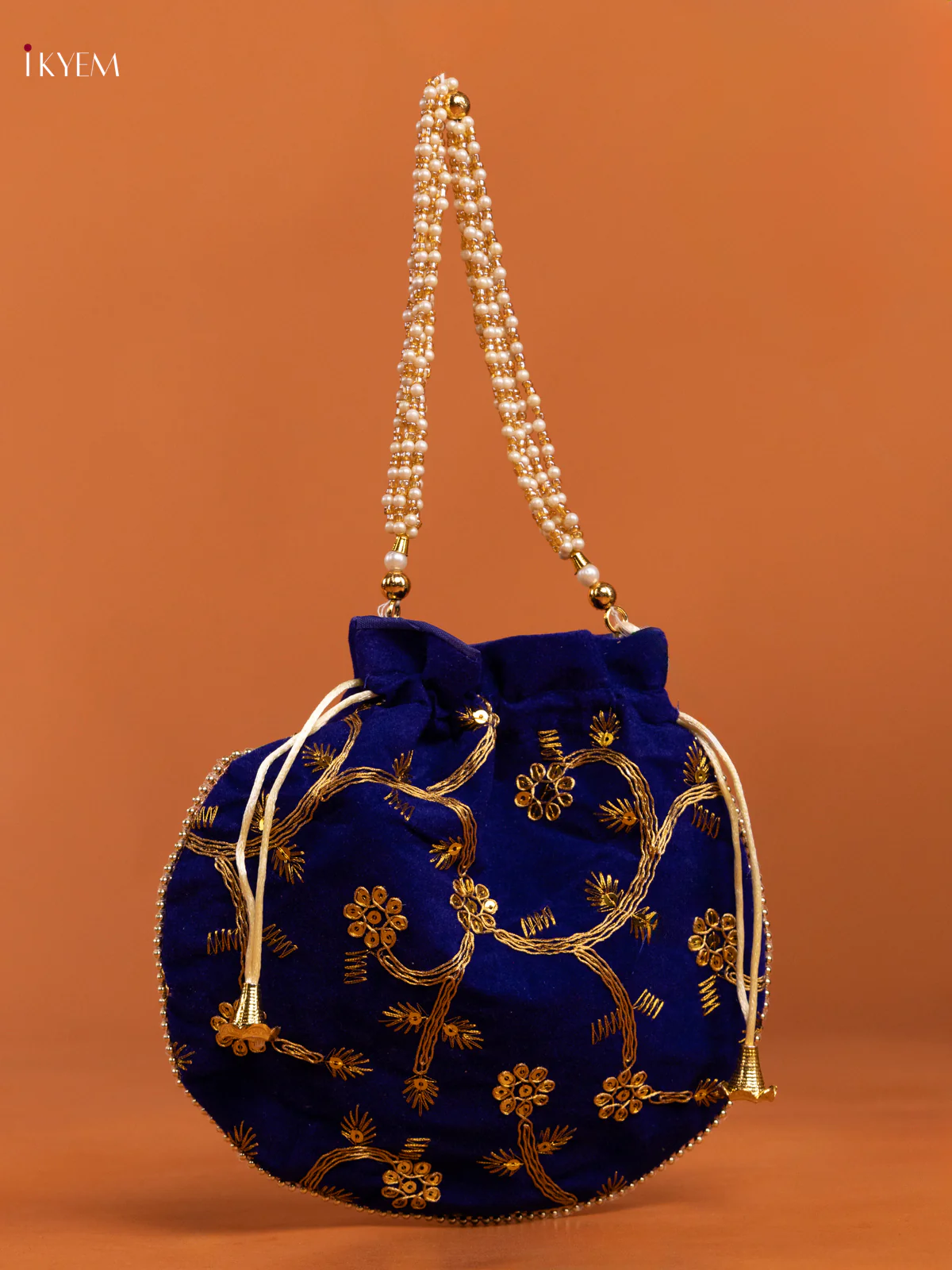 Floral Design gold zari work Potli Bag - Navy Blue - KD26495
