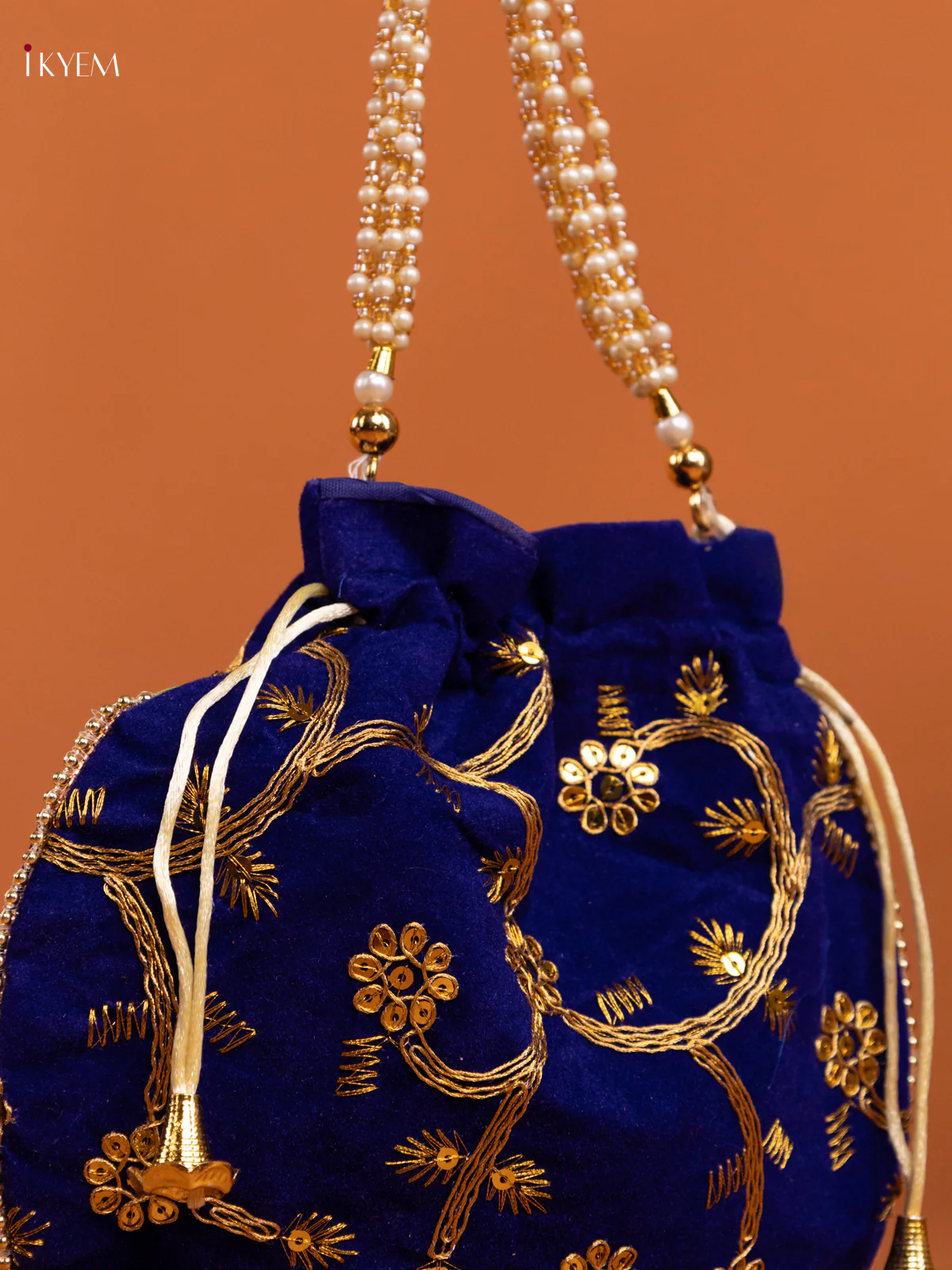 Floral Design gold zari work Potli Bag - Navy Blue - KD26495 - Image 2