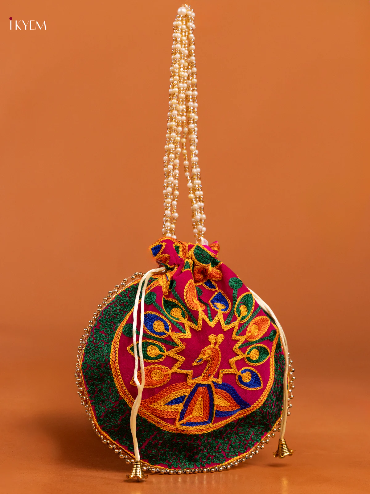 Embroidered peacock Design Potli Bag - Pink - KD26501