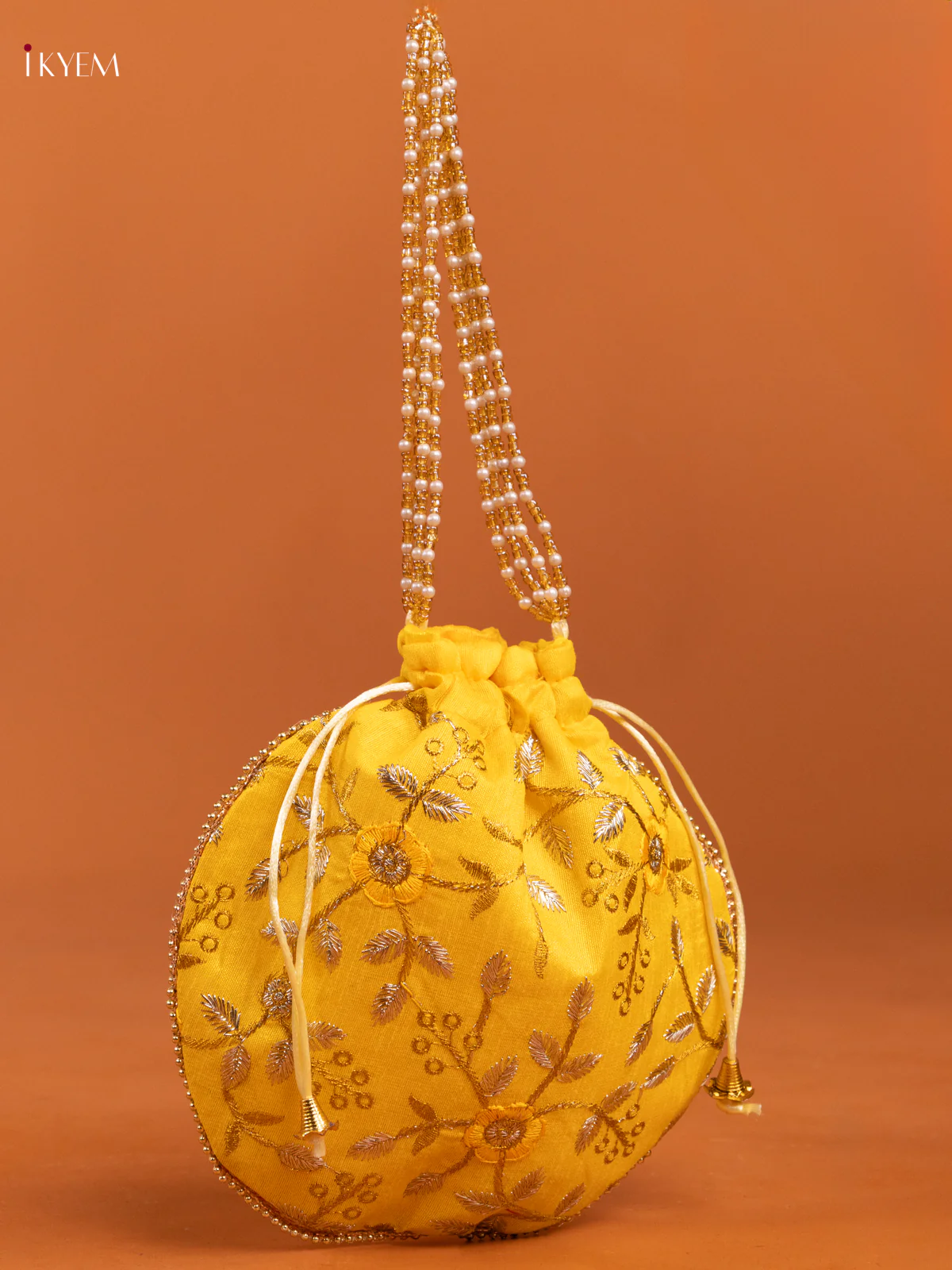 Embroidered Floral Design Gold Zari Potli Bag - Yellow - KD26509