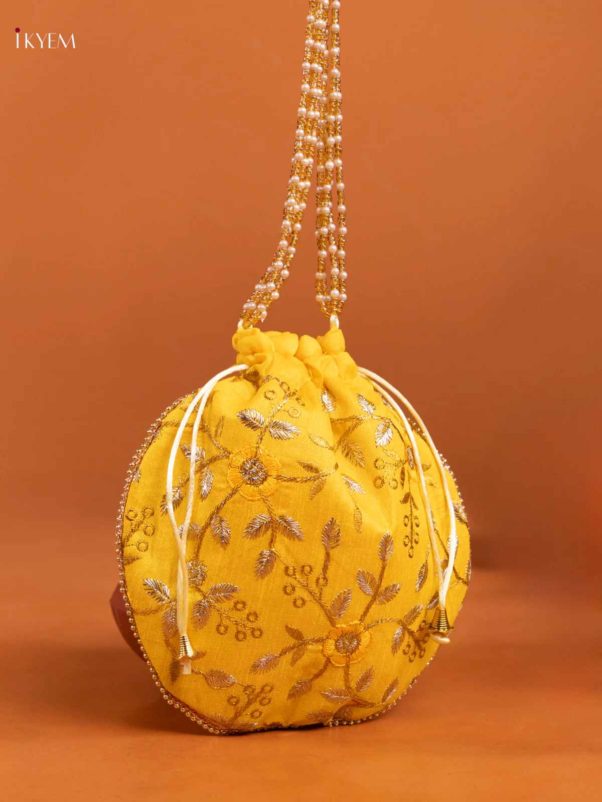 Embroidered Floral Design Gold Zari Potli Bag - Yellow - KD26509 - Image 2