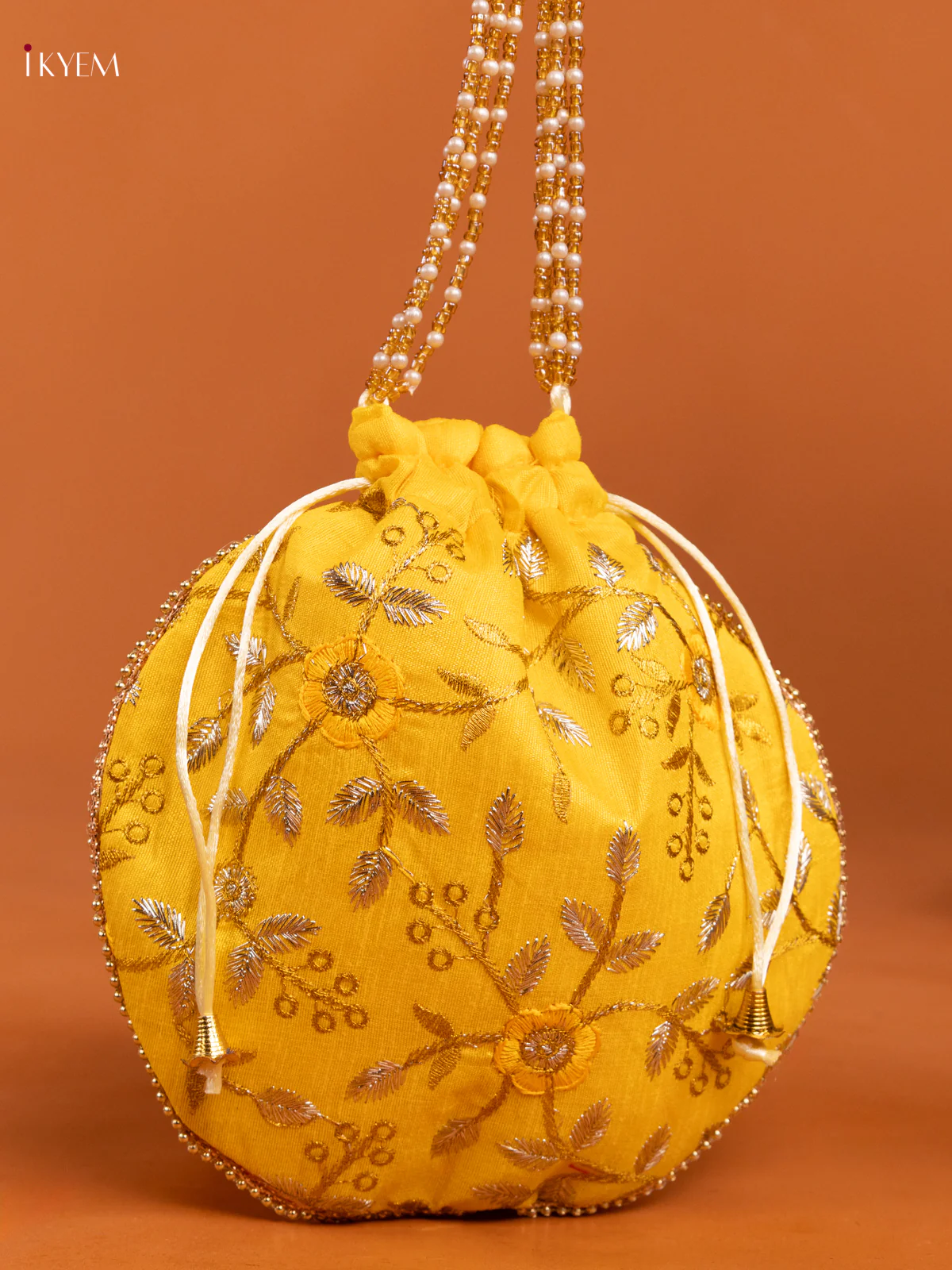 Embroidered Floral Design Gold Zari Potli Bag - Yellow - KD26509 - Image 3
