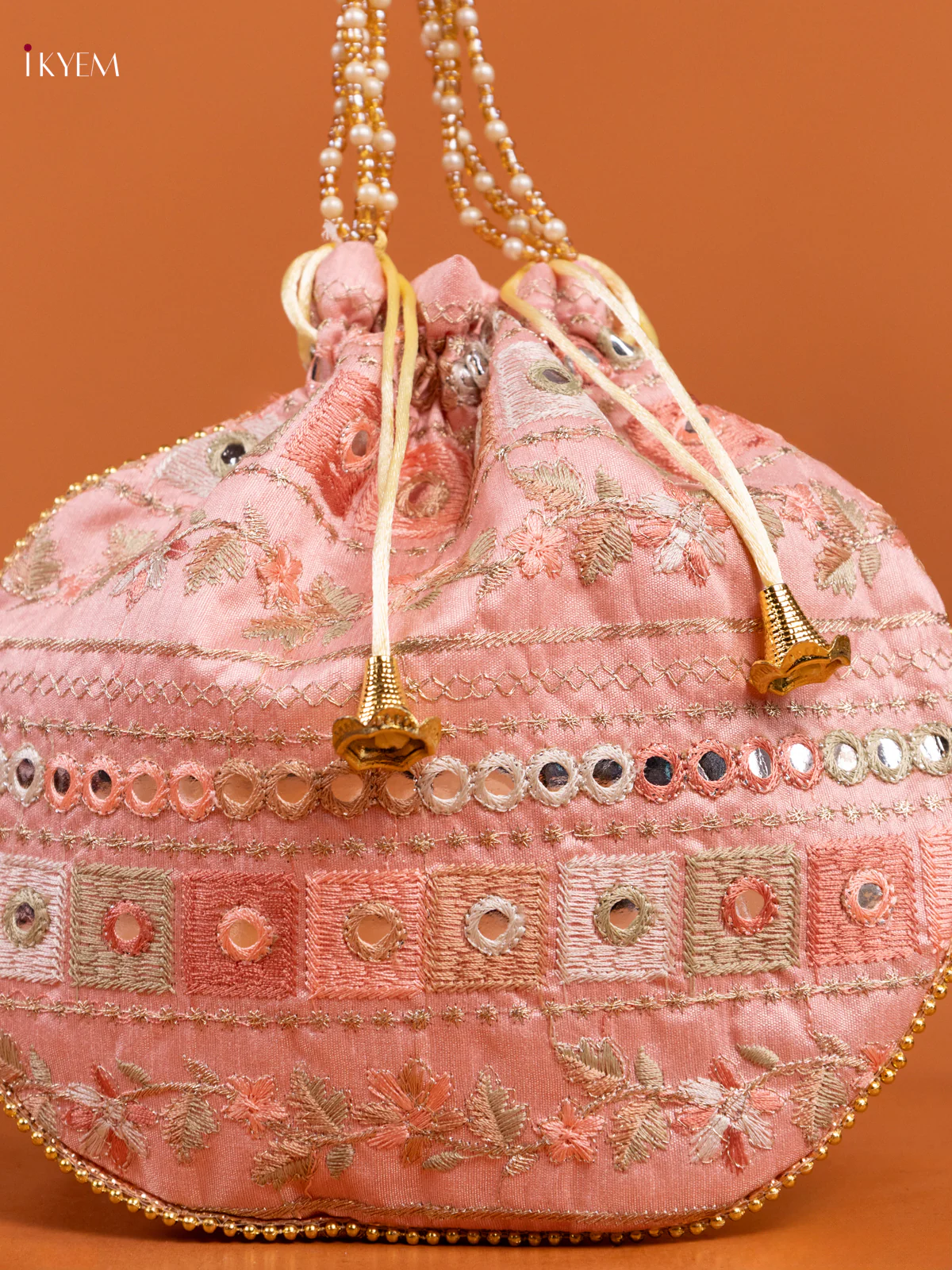 Embroidered Floral Design Gold Zari Potli Bag - Baby Pink - KD26516 - Image 2