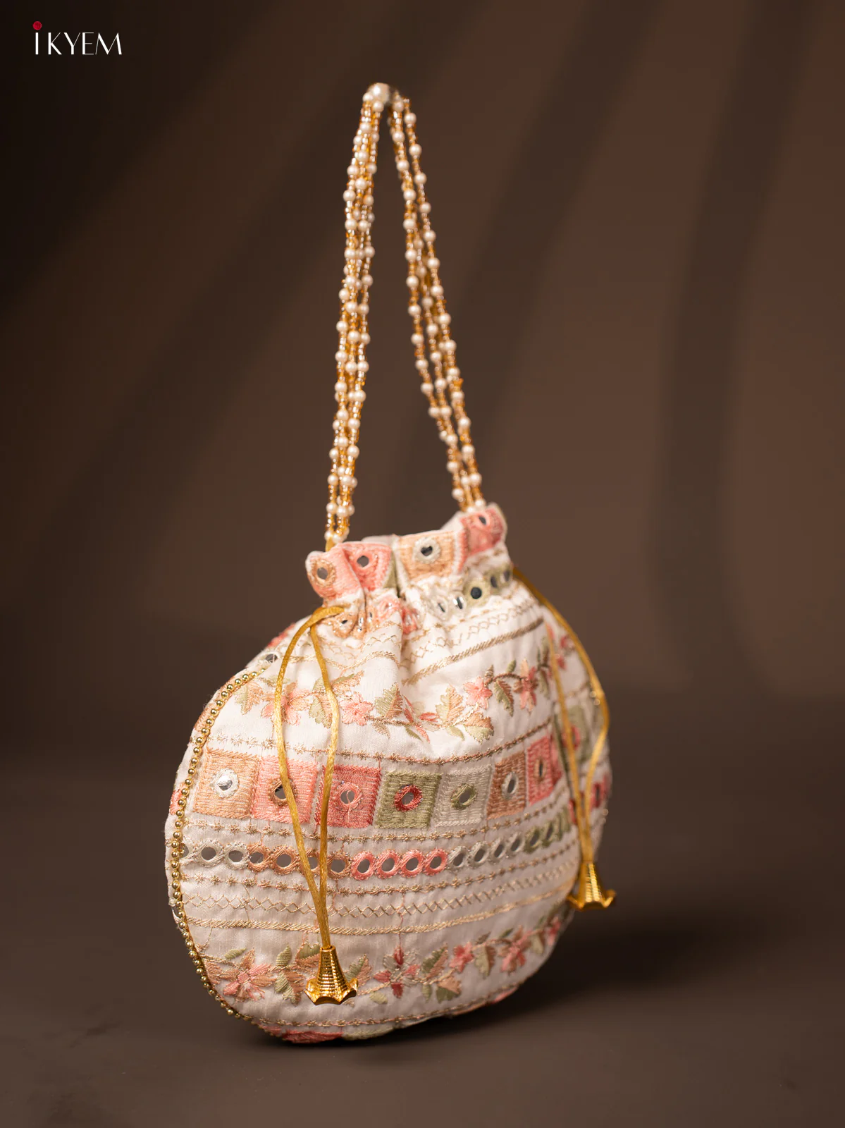 Embroidered Floral Design Potli Bag White - KD26518 - Image 2
