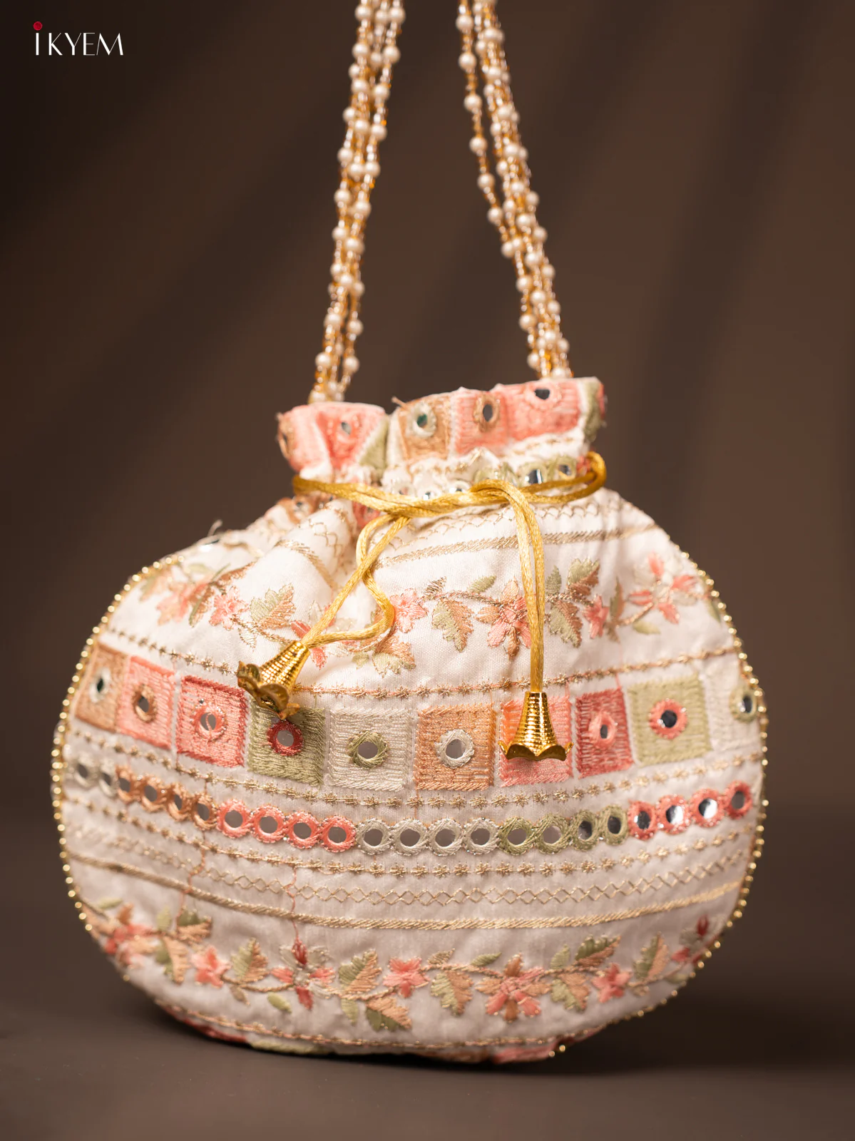 Embroidered Floral Design Potli Bag White - KD26518 - Image 3