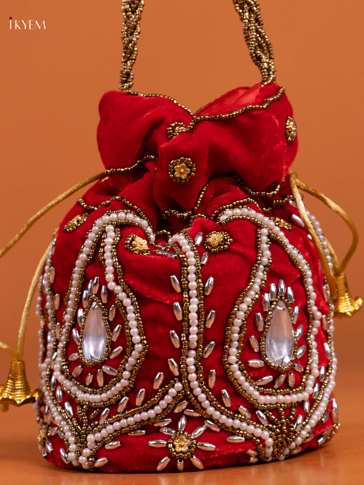 Velvet pouch Aari work design Potli Bag - Red - KD26548 - Image 2