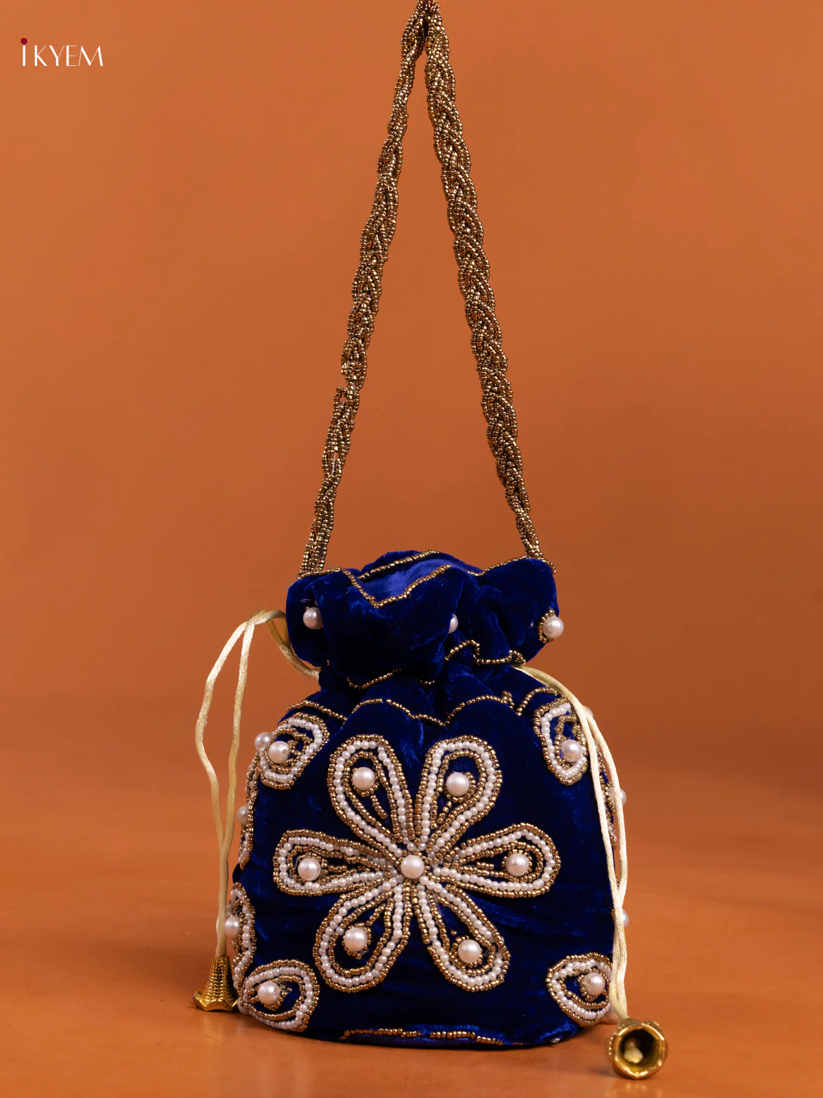 Velvet Embroidery pearl & Beads work Potli Bag - Navy Blue - KD26555