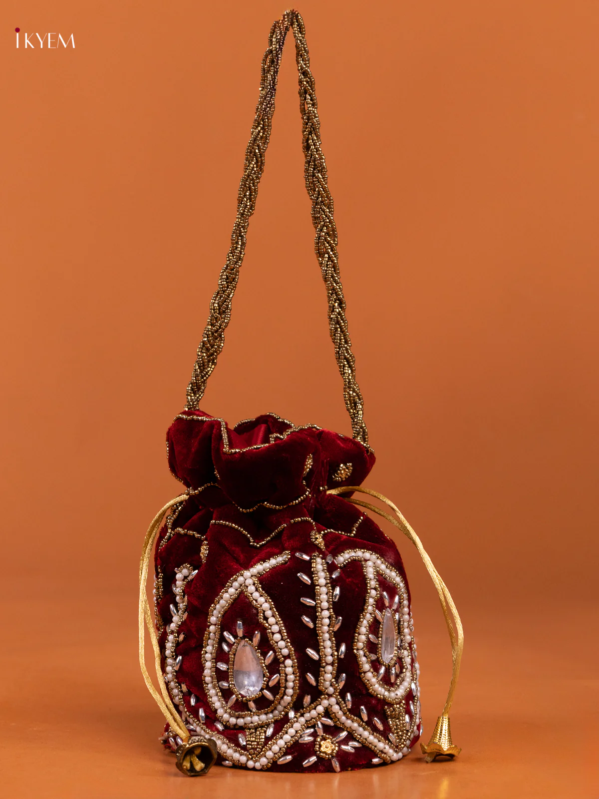 Velvet Embroidery pearl & Beads work Potli Bag -Maroon - KD26556