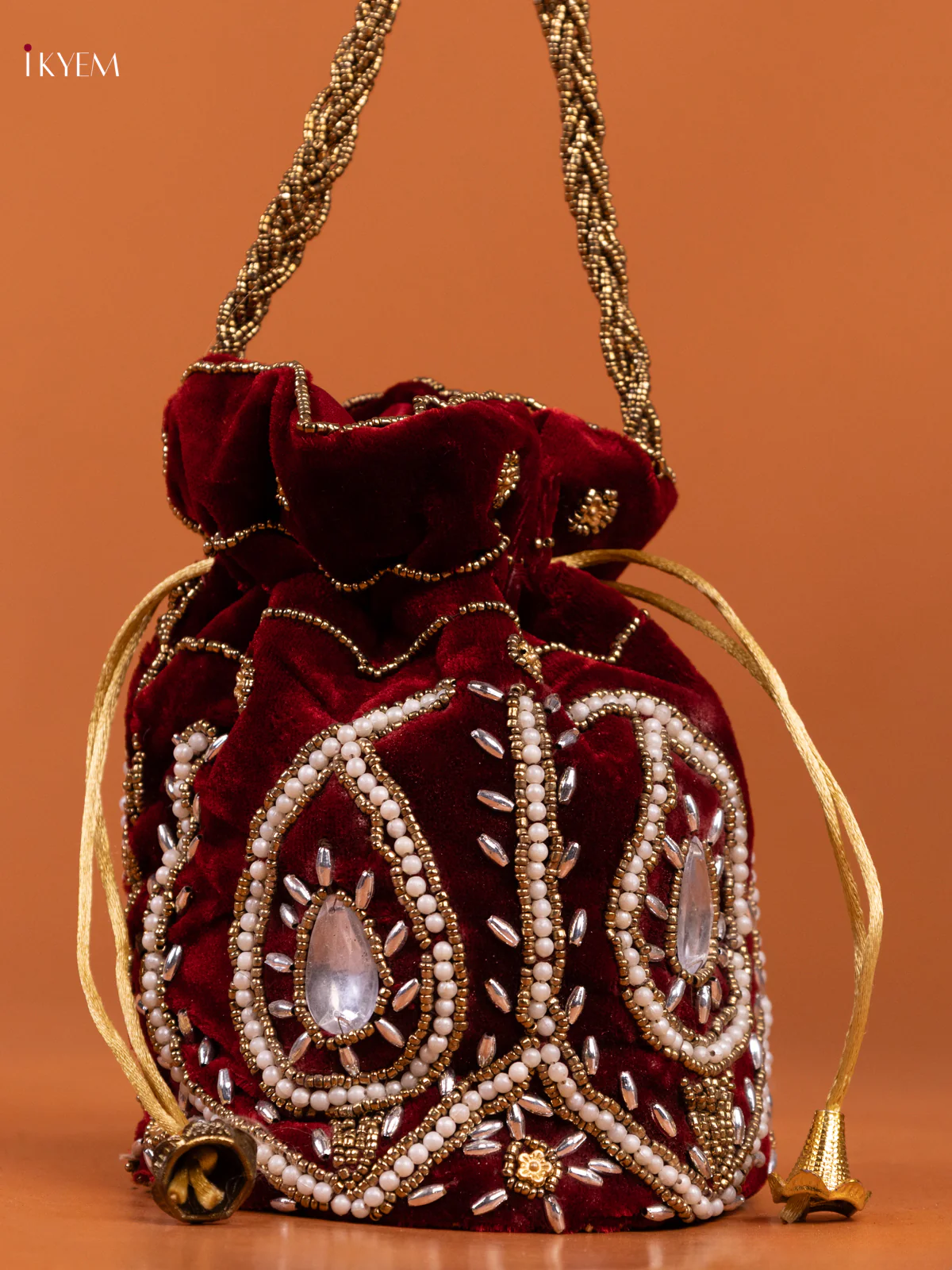 Velvet Embroidery pearl & Beads work Potli Bag -Maroon - KD26556 - Image 2