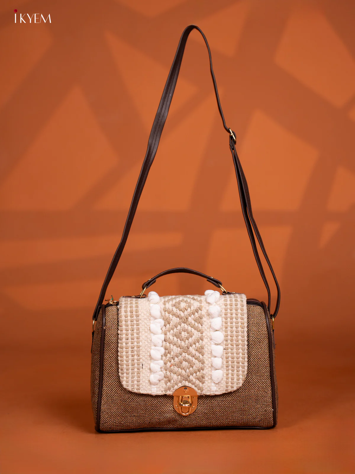 Jacquard Embroidered Gusset & Flap Leather Sling Bag with 3 Compartments - Brown with White - Image 6