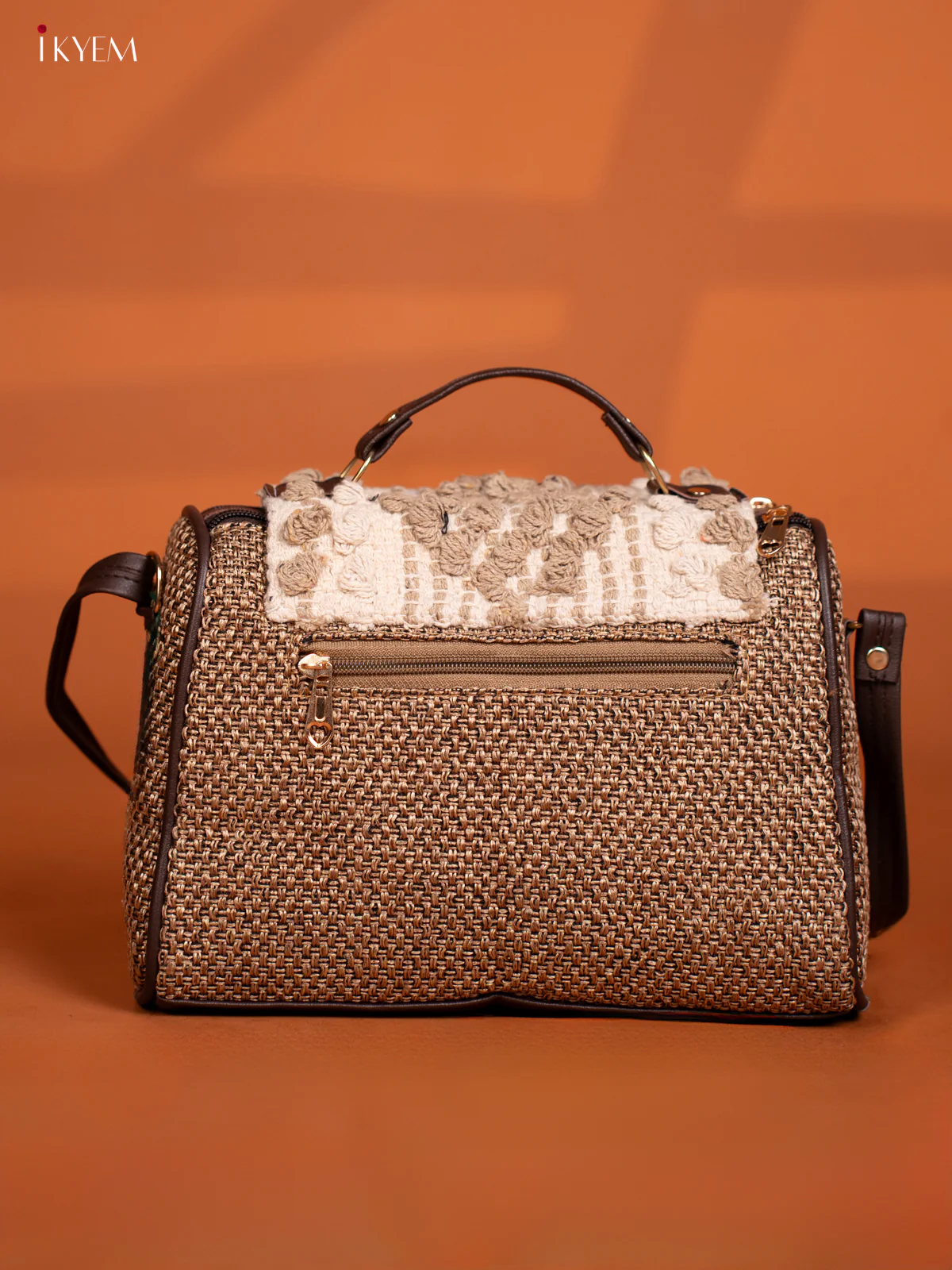 Jacquard Embroidered Gusset & Flap Leather Sling Bag with 3 Compartments - Sandal with White - Image 5