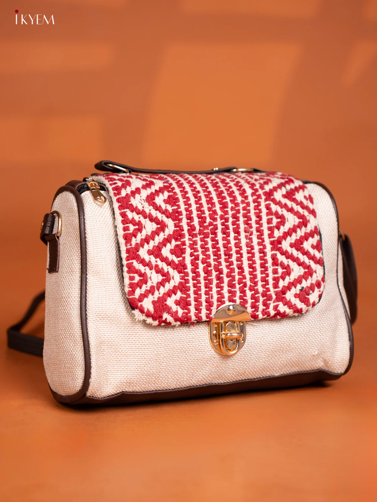 Jacquard Embroidered Gusset & Flap Leather Sling Bag with 3 Compartments - Cream with Red - Image 2