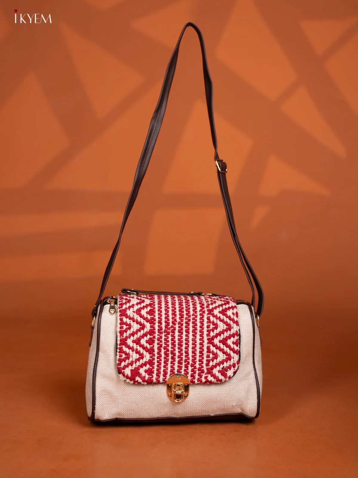 Jacquard Embroidered Gusset & Flap Leather Sling Bag with 3 Compartments - Cream with Red - Image 5