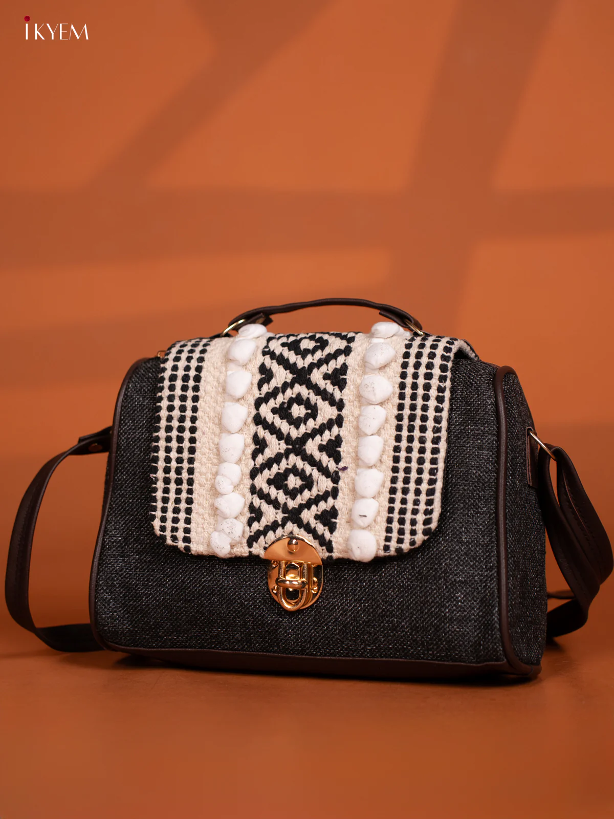 Jacquard Embroidered Gusset & Flap Leather Sling Bag with 3 Compartments - Balck with White - Image 4