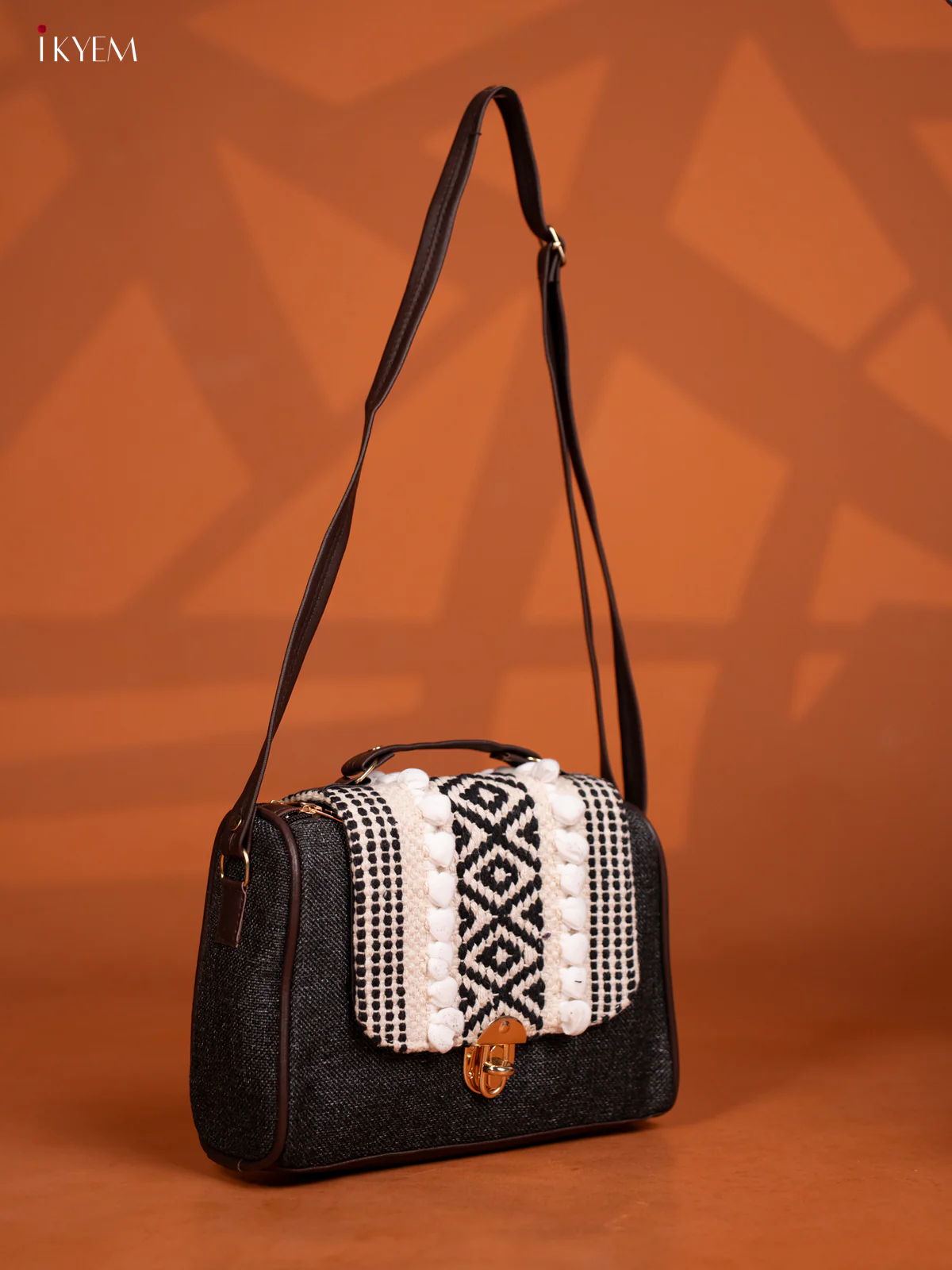 Jacquard Embroidered Gusset & Flap Leather Sling Bag with 3 Compartments - Balck with White - Image 6