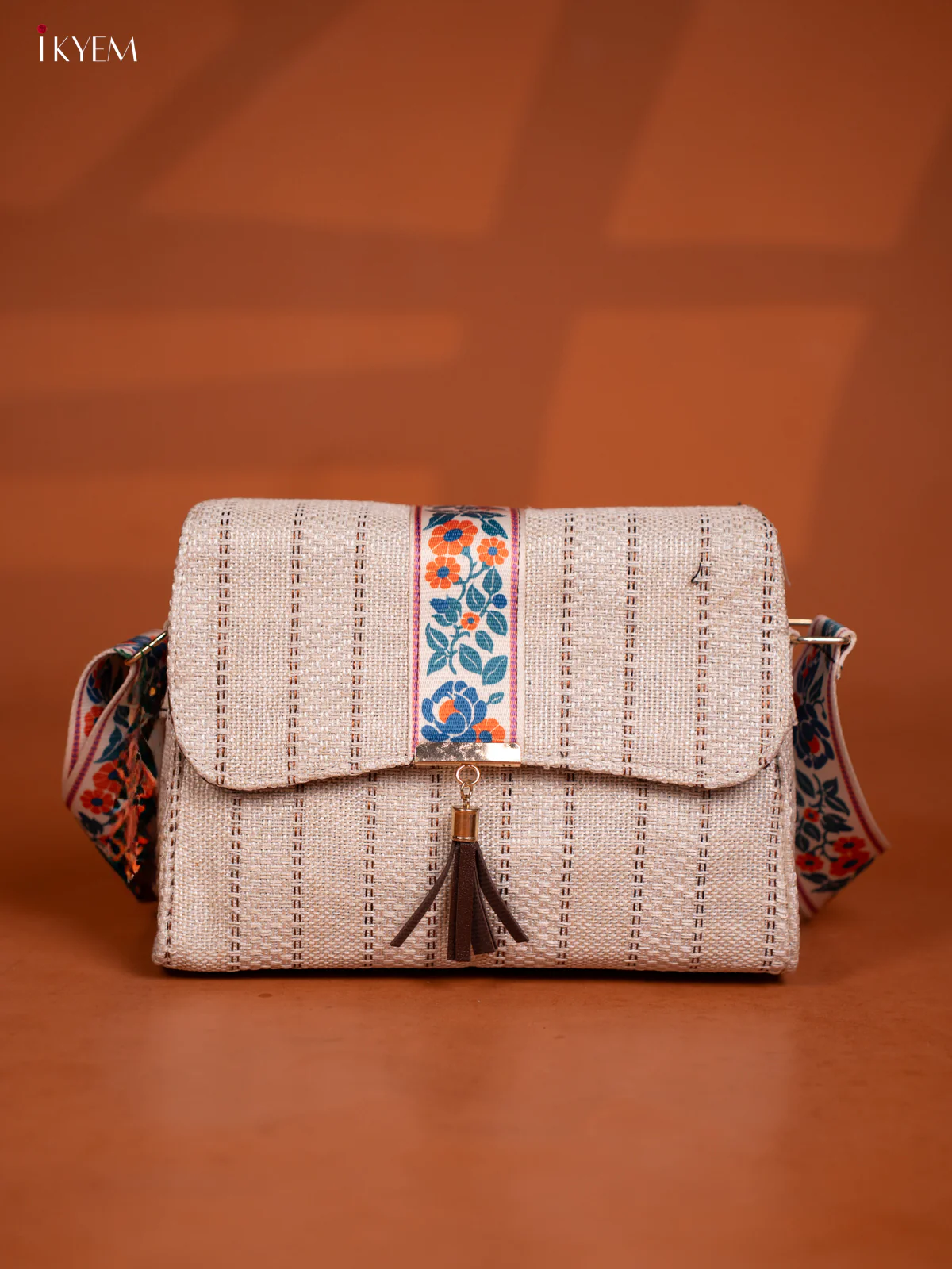 Jacquard Floral Printed Sling Bag -White with Brown - KD26597 - Image 2