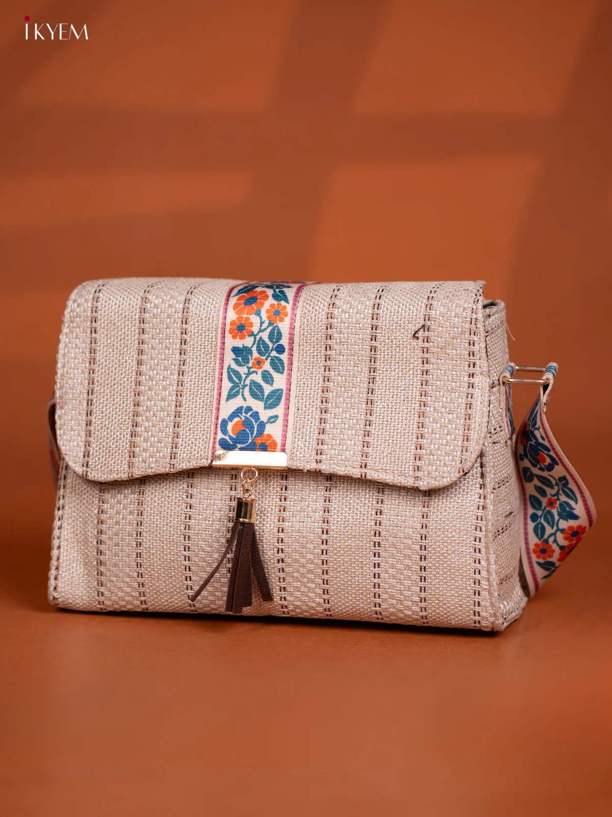 Jacquard Floral Printed Sling Bag -White with Brown - KD26597 - Image 4