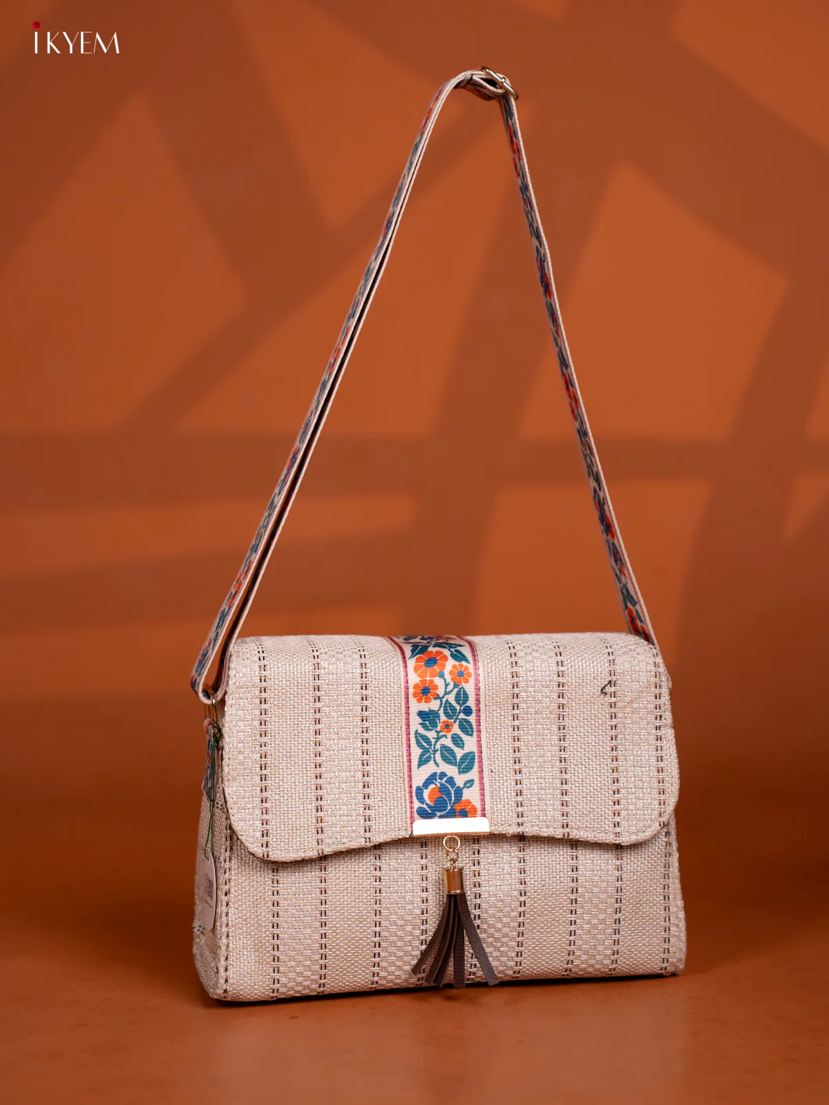 Jacquard Floral Printed Sling Bag -White with Brown - KD26597 - Image 6