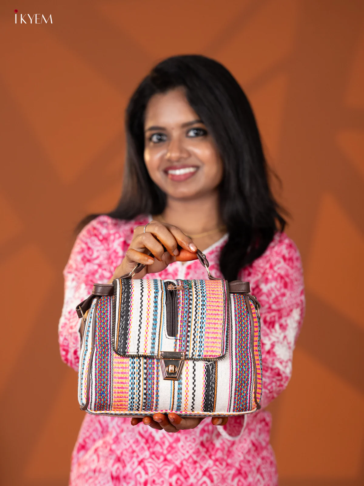 Jacquard Leather Sling Bag with 4 Compartments - Multi Colour - KD26602