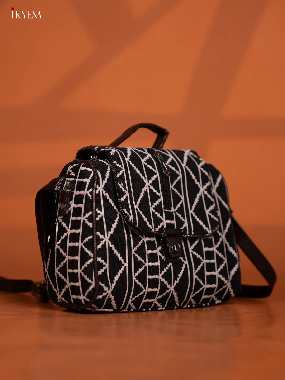 Jacquard Ikat Printed Leather Sling Bag Gusset & Flap with 4 Compartments - Black - KD26603 - Image 3
