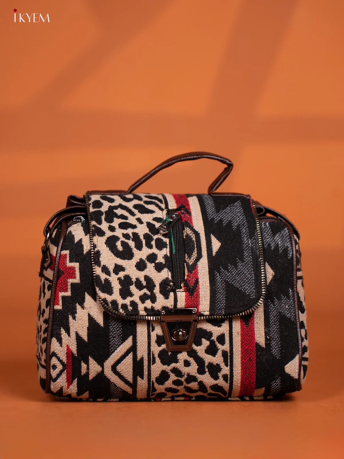 Jacquard Ikat Printed Leather Sling Bag Gusset & Flap with 4 Compartments - Black with Red - KD26606 - Image 2