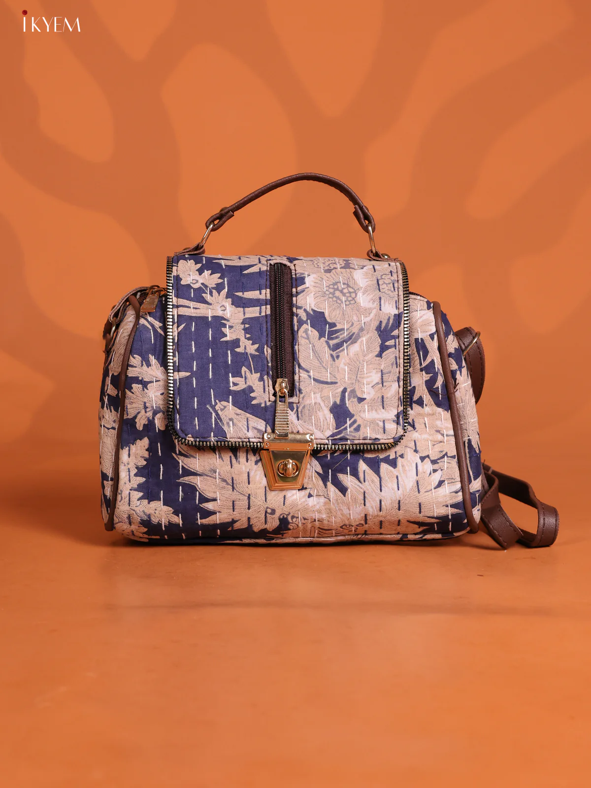 Floral Printed Gusset & Flap Leather Sling Bag with 3 compartments - Navy Blue - KD26609