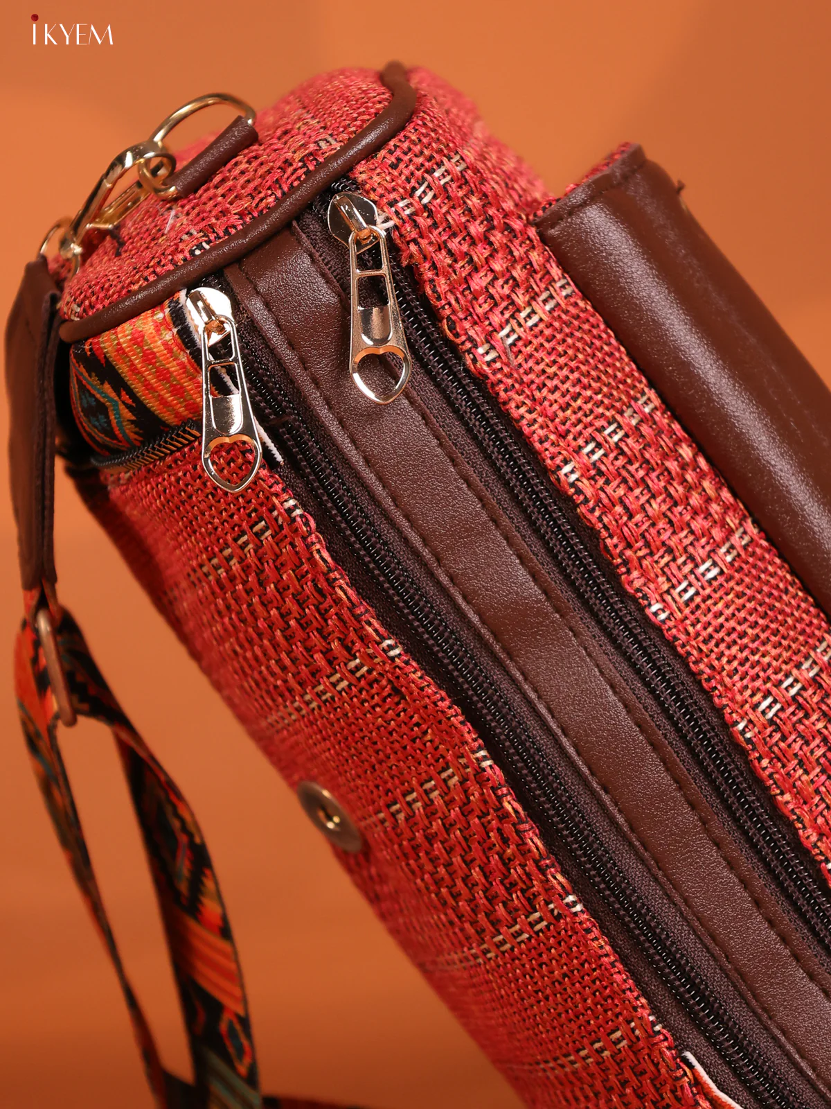Jacquard Geometric Patten & Printed Leather sling Bag with 3 Compartments - Red - KD26610 - Image 3