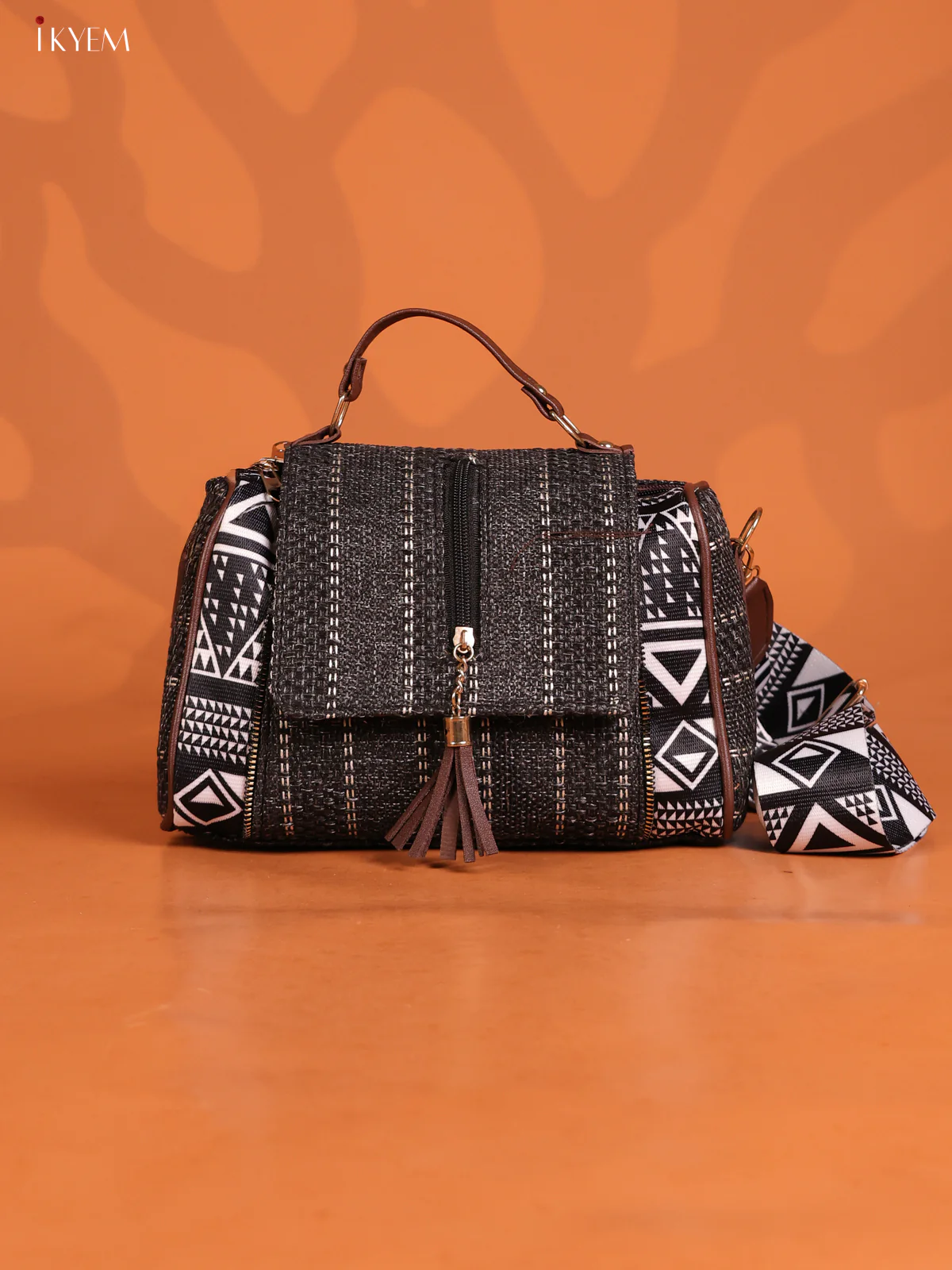 Jacquard Geometric Patten & Printed Leather sling Bag with 3 Compartments - Balck with white - KD26611