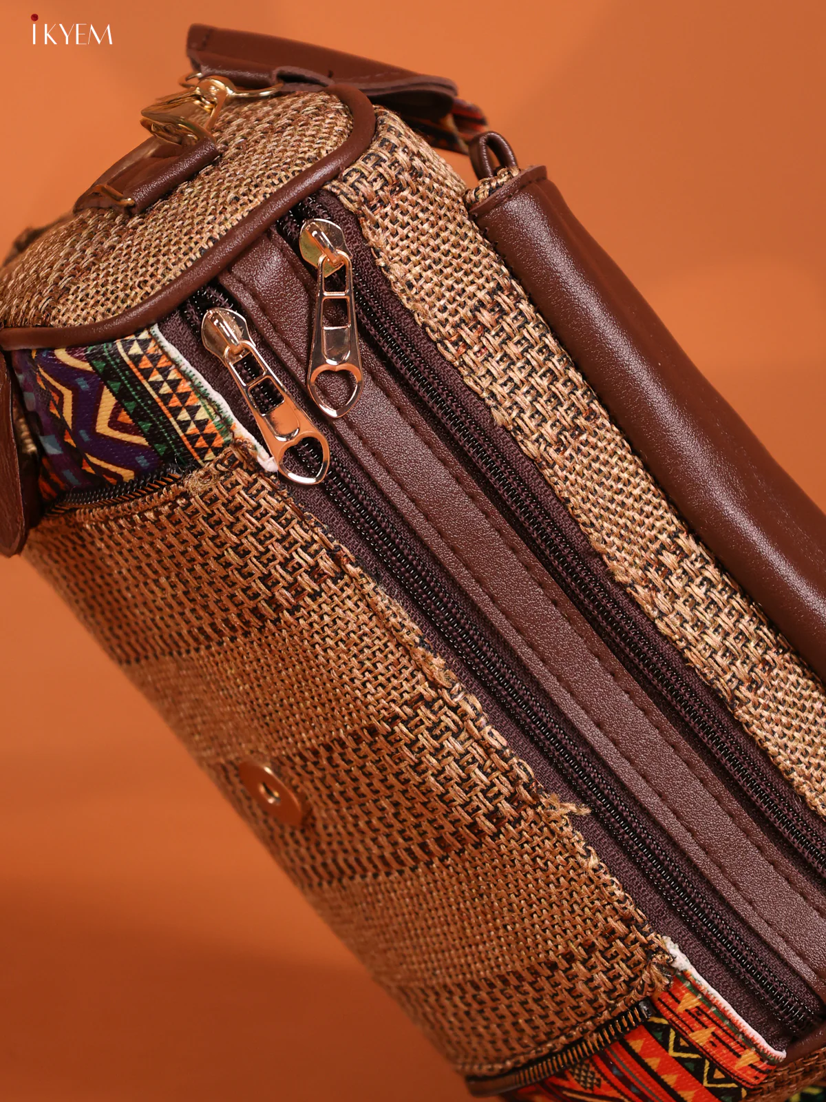 Jacquard Geometric Patten & Printed Leather sling Bag with 3 Compartments - Coffee Brown -KD26613 - Image 3