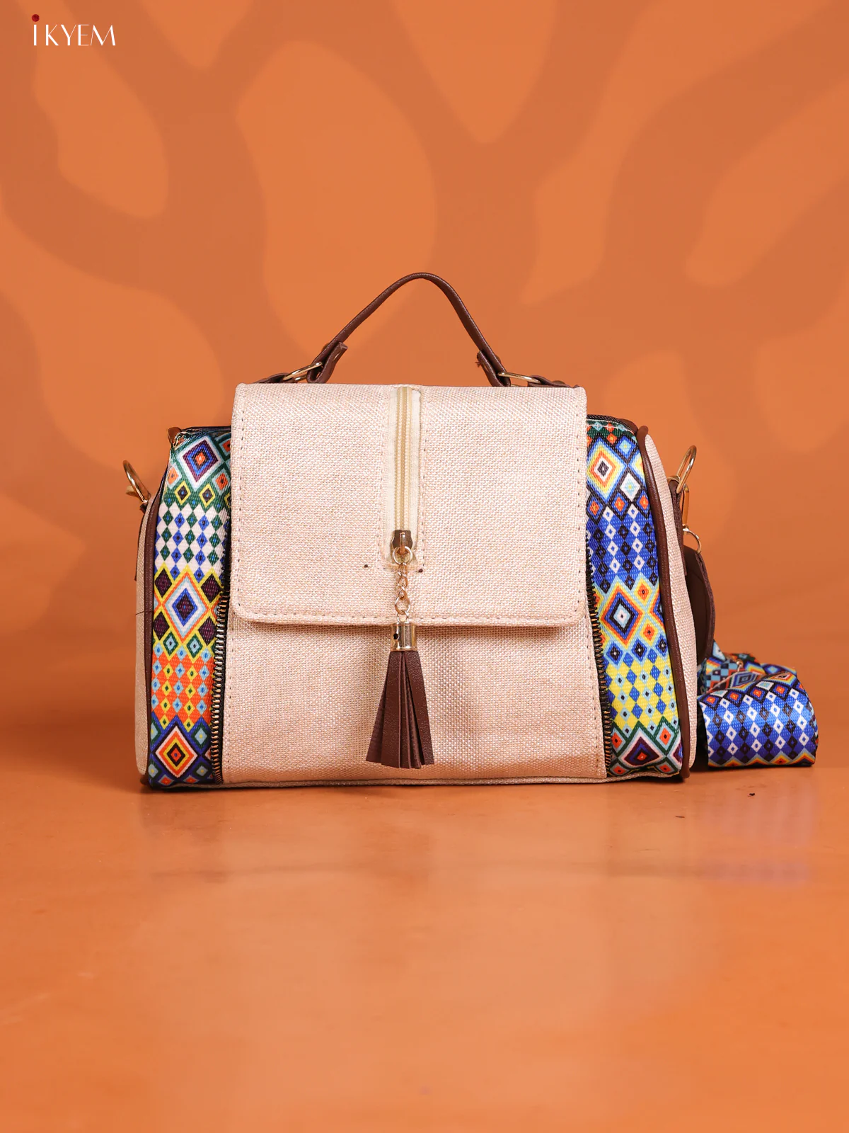 Jacquard Geometric Patten & Printed Leather sling Bag with 3 Compartments - White with Blue - KD26615