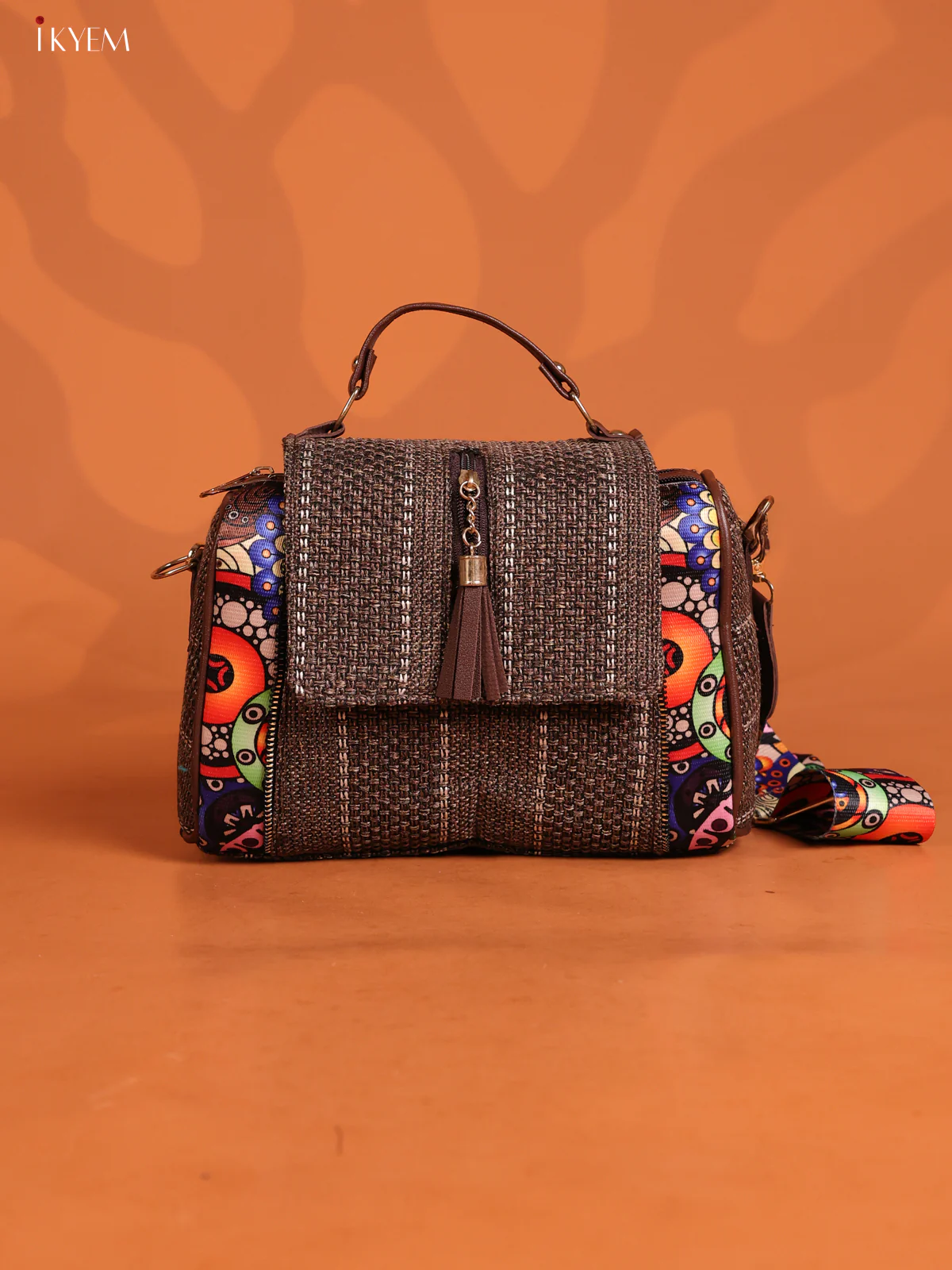 Jacquard Printed sling Bag with 3 Compartments - Brown - KD26618