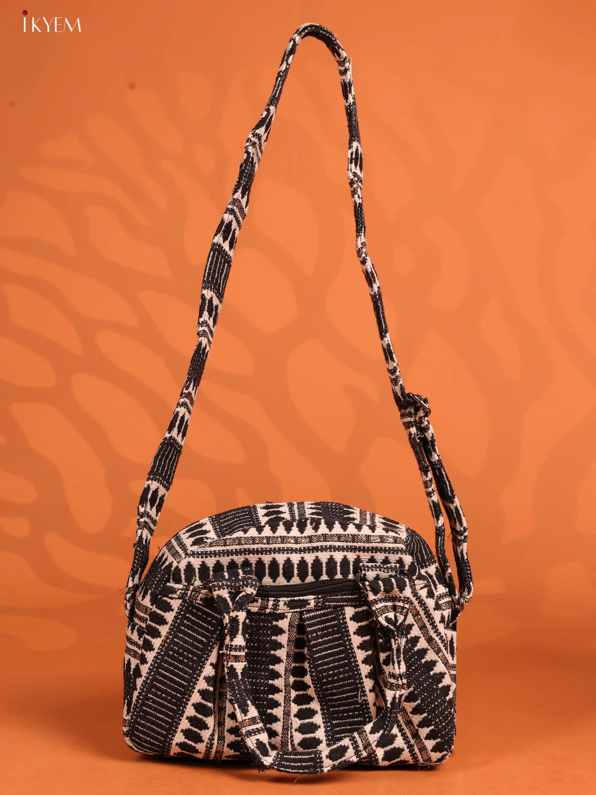 Jute Printed Crushed Sling Bag with 2 Compartments - Black with White - KD26619 - Image 4