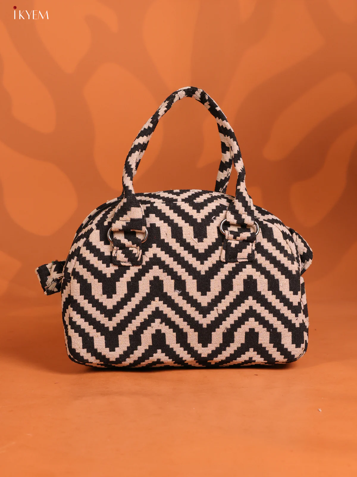 Jute Printed Crushed Sling Bag with 2 Compartments - Black with Off White - KD26620 - Image 2