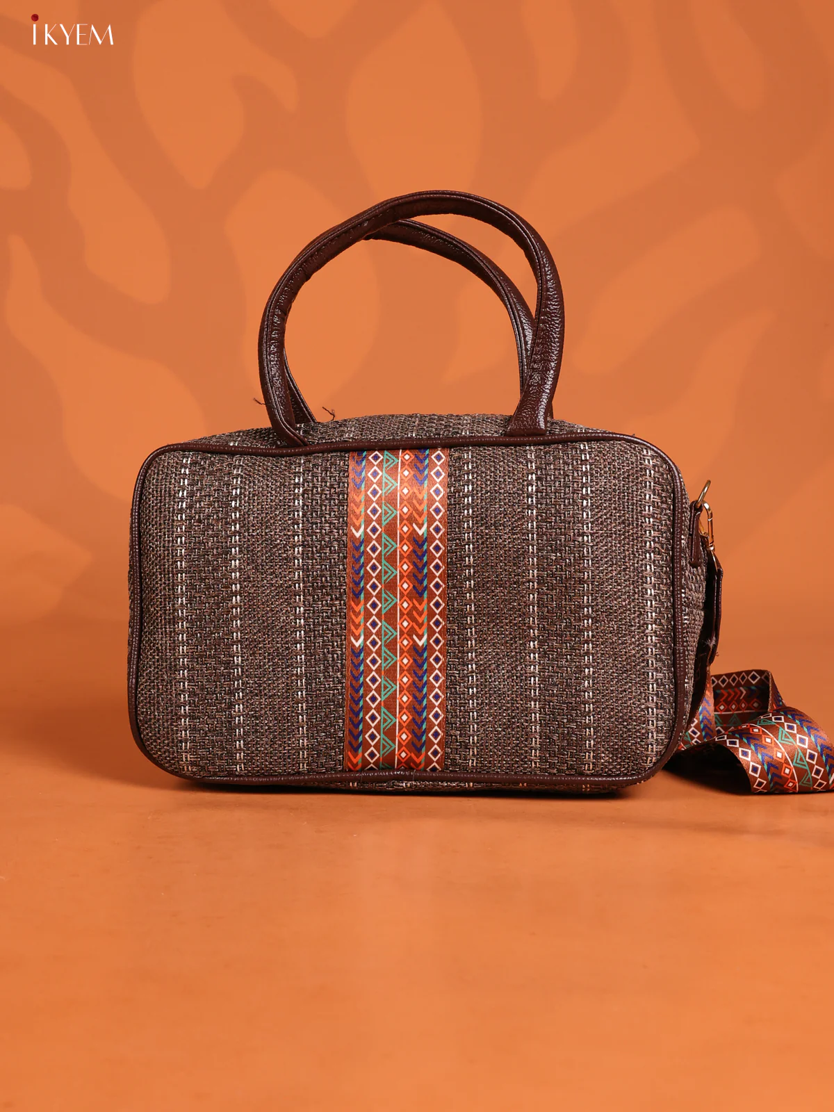 Jacquard Geometric Pattern Handbag & printed Sling with 2 compartments - Dark Brown - KD26630