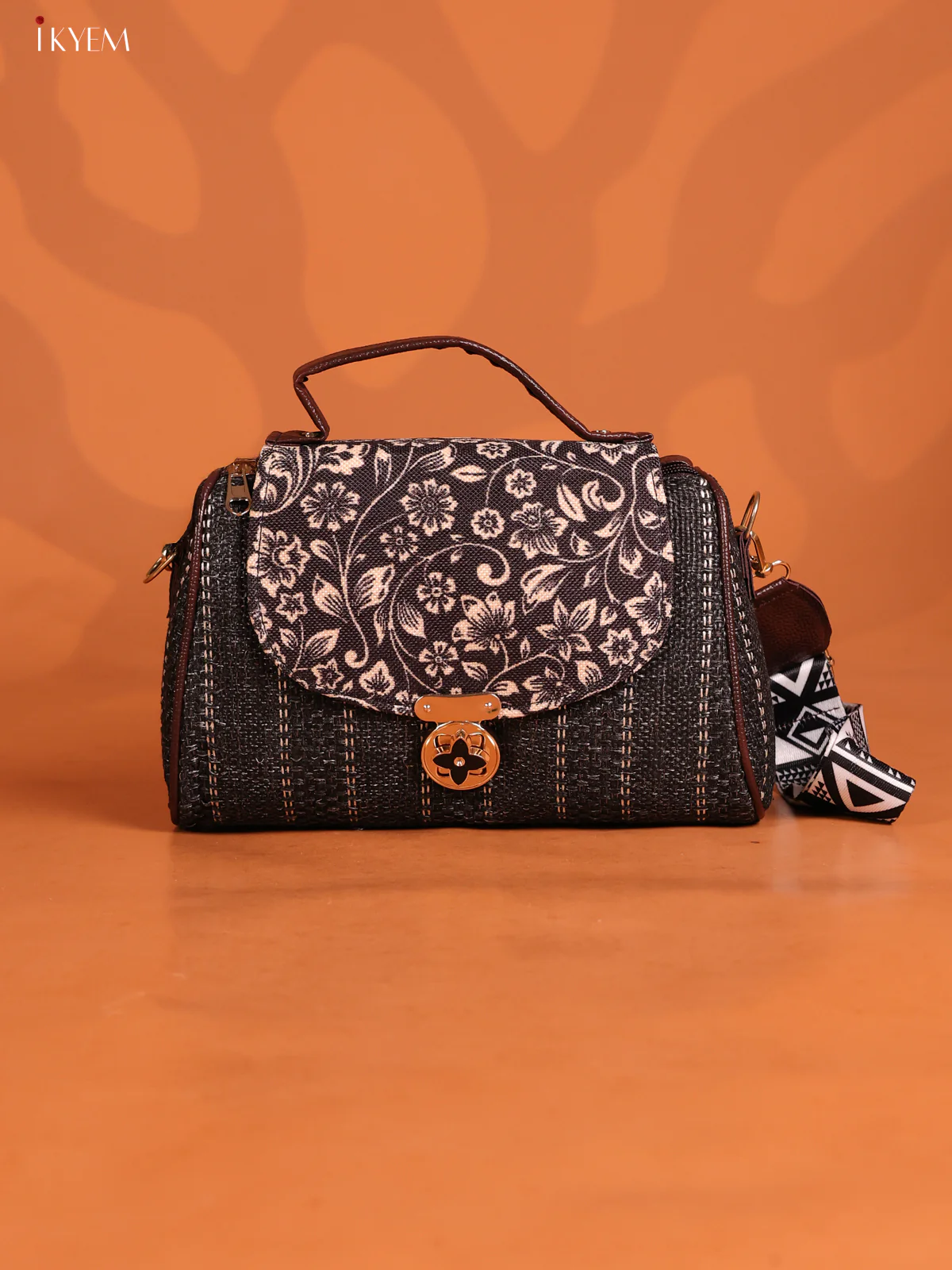 Jacquard Floral Gusset & Flap Printed Sling Bag with 3 Compartments - Black with White - KD26640