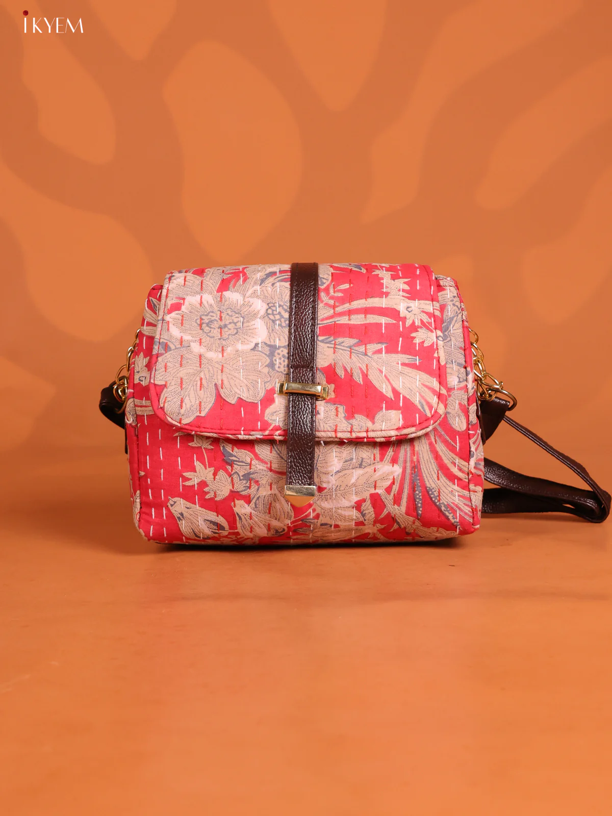 Floral Printed Flap Leather Sling Bag with 3 compartments - Pink - KD26645