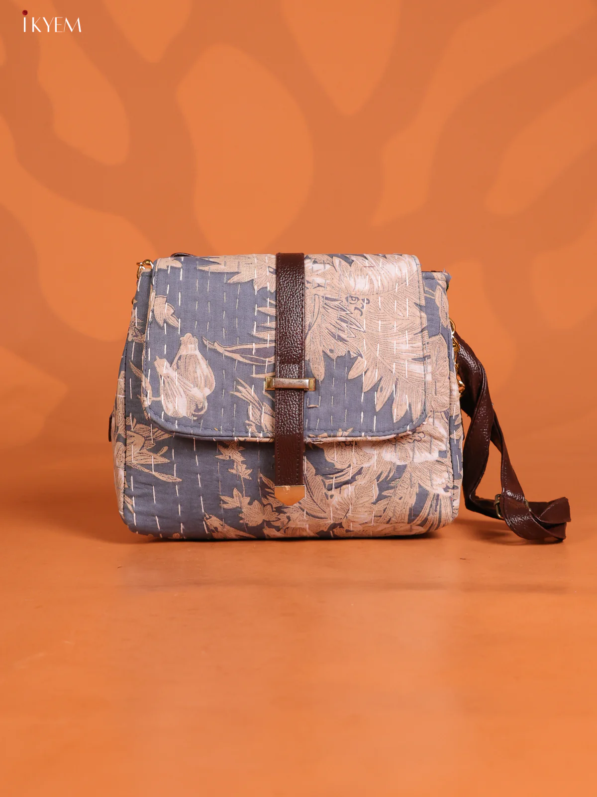 Floral Printed Flap Leather Sling Bag with 3 compartments - Grey - KD26647