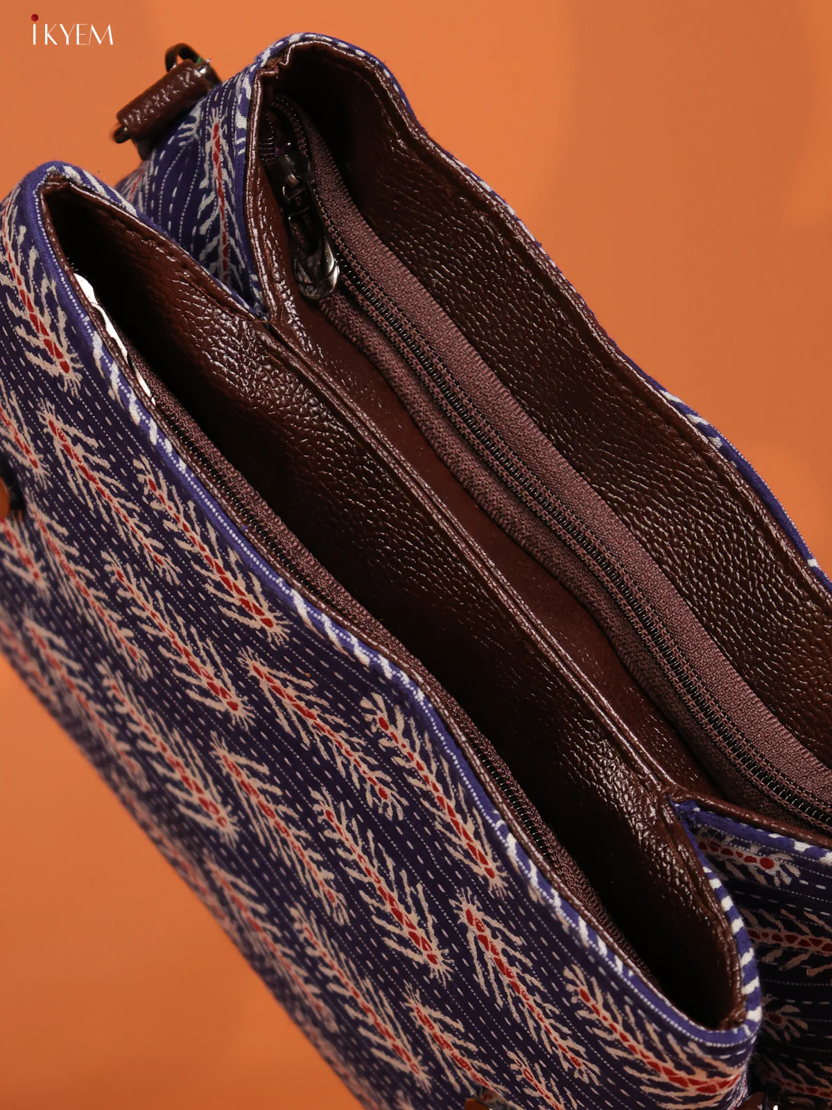 Jacquard Ikat Print Flap with Leather Sling bag with 3 Compartments - Navy Blue - KD26648 - Image 3