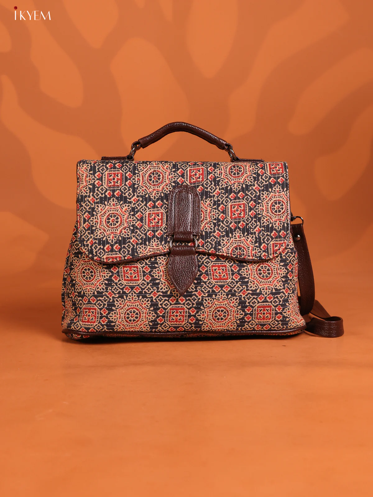Jacquard Ajrakh Print Flap with Leather Sling bag with 3 Compartments - Blue with Red - KD26650