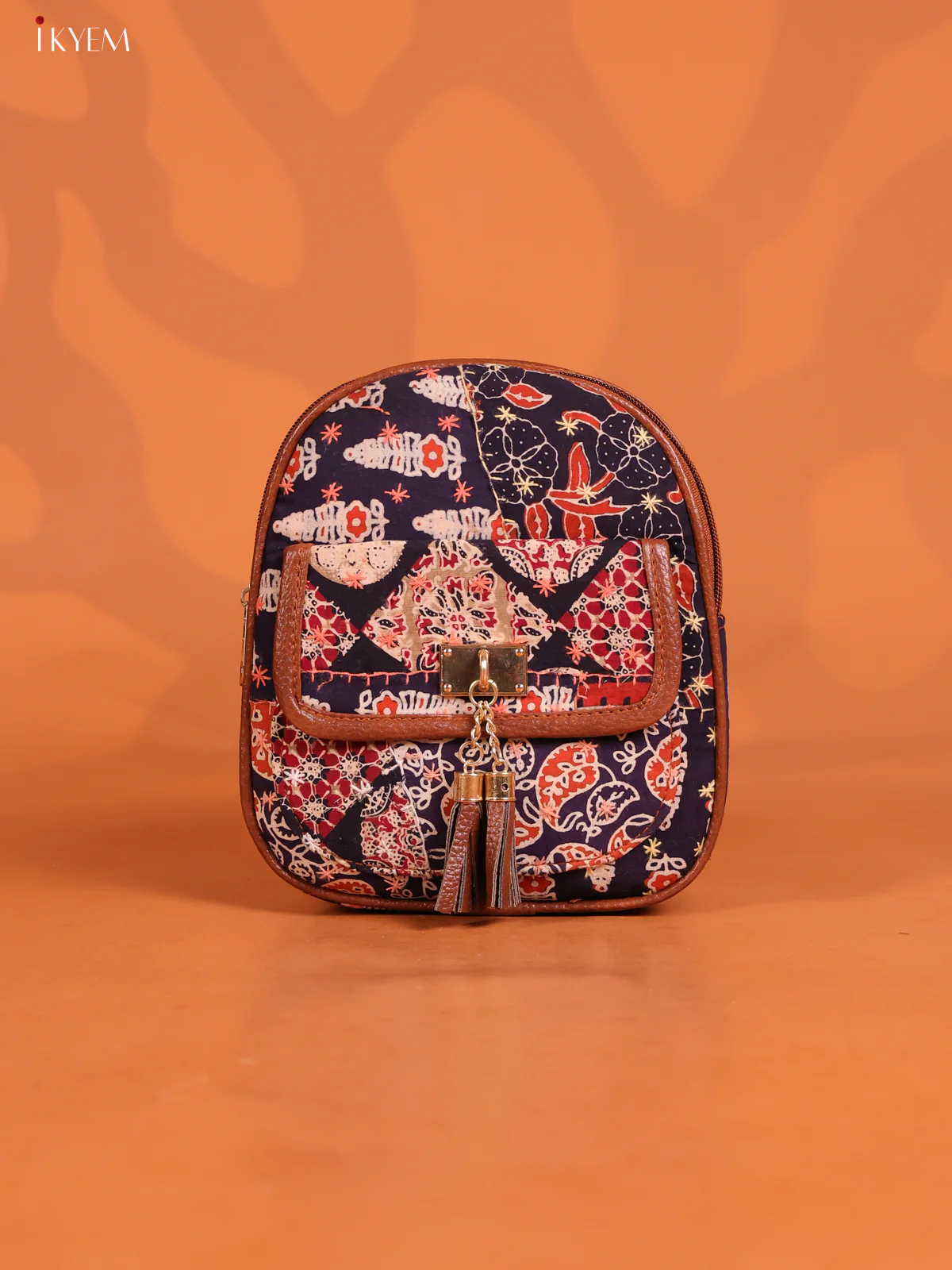 Embroidered Cotton Floral Back Bag Flap with 2 Compartments - Navy Blue - KD26656
