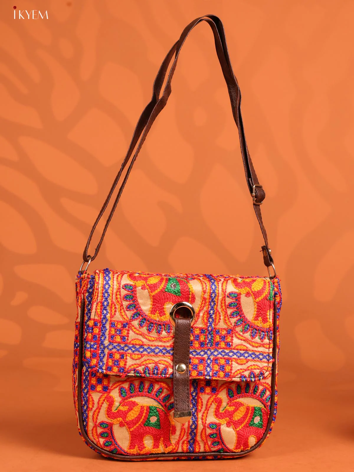 Embroidered Cotton Flap Leather Sling Bag with 3 Compartments - Blue with Red - KD26663 - Image 4