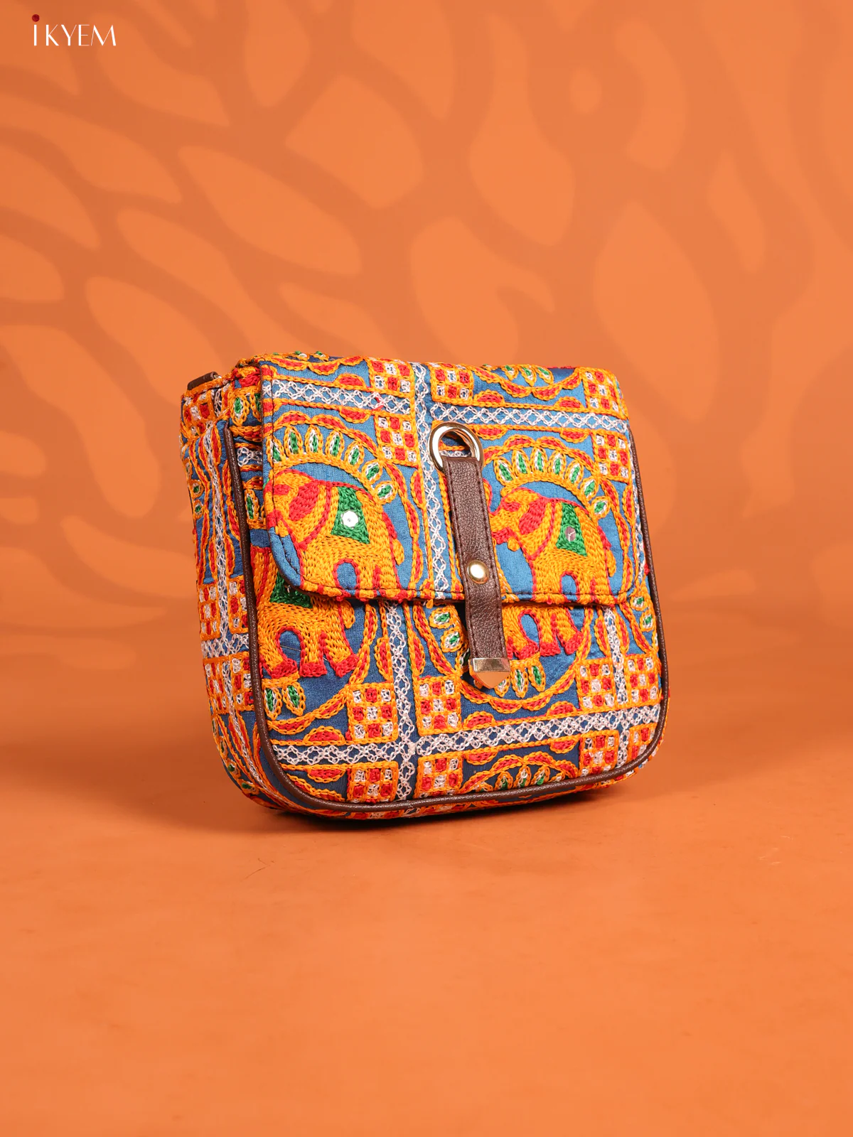Embroidered Cotton Flap Leather Sling Bag with 3 Compartments - Yellow with Blue - KD26664 - Image 2
